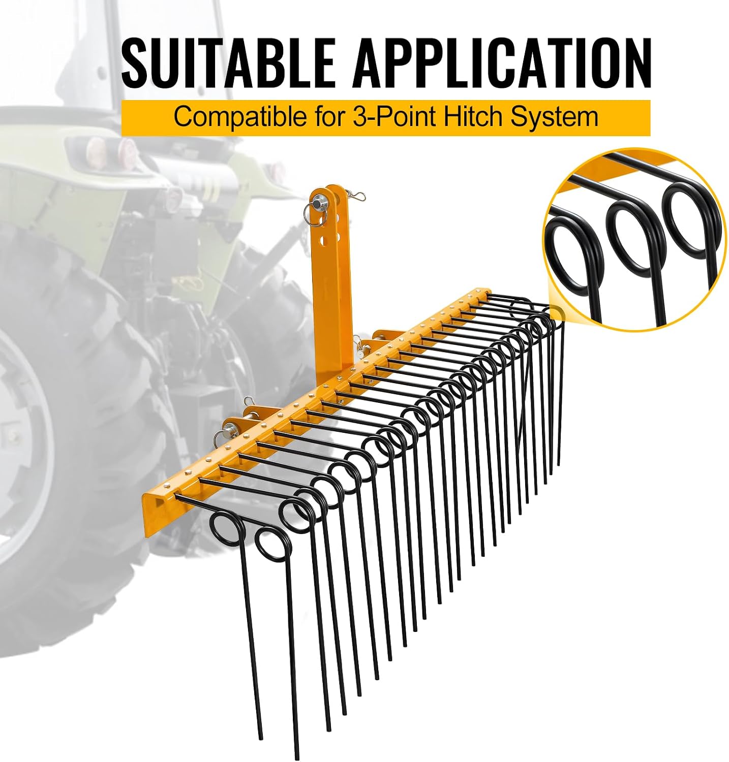 60" Steel Pine Straw Rake, Heavy Duty Steel Tow Behind Landscape Rake with 3 Point Hitch Fit to Cat 0 Cat 1 for Leaves, Grass and Straw, Yellow