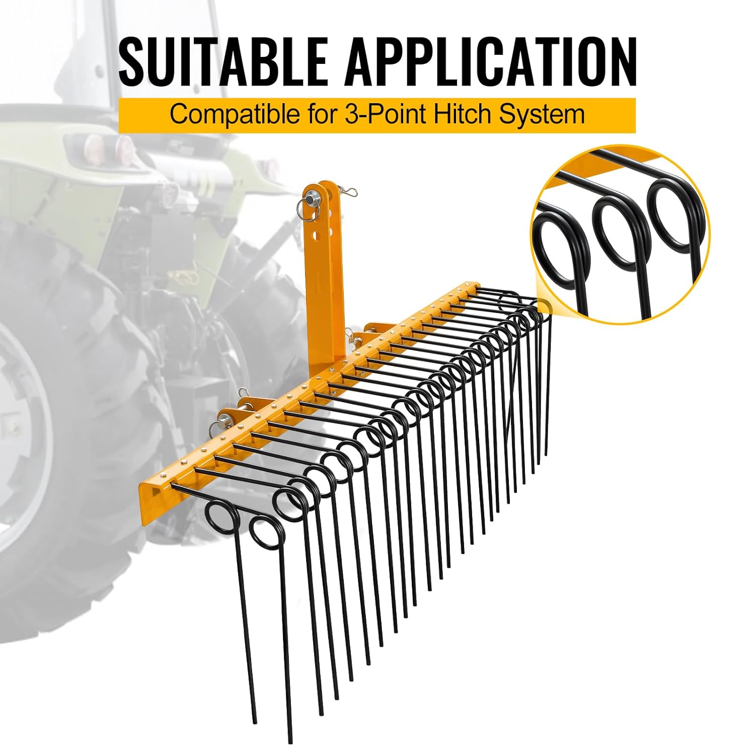 60" Pine Straw Rake, 26 Coil Spring Tines Durable Powder Coated Steel Tow Behind Landscape Rake with 3 Point Hitch Receiver Attachment Fit to Cat0 Cat 1 Tractors for Leaves Grass, Black