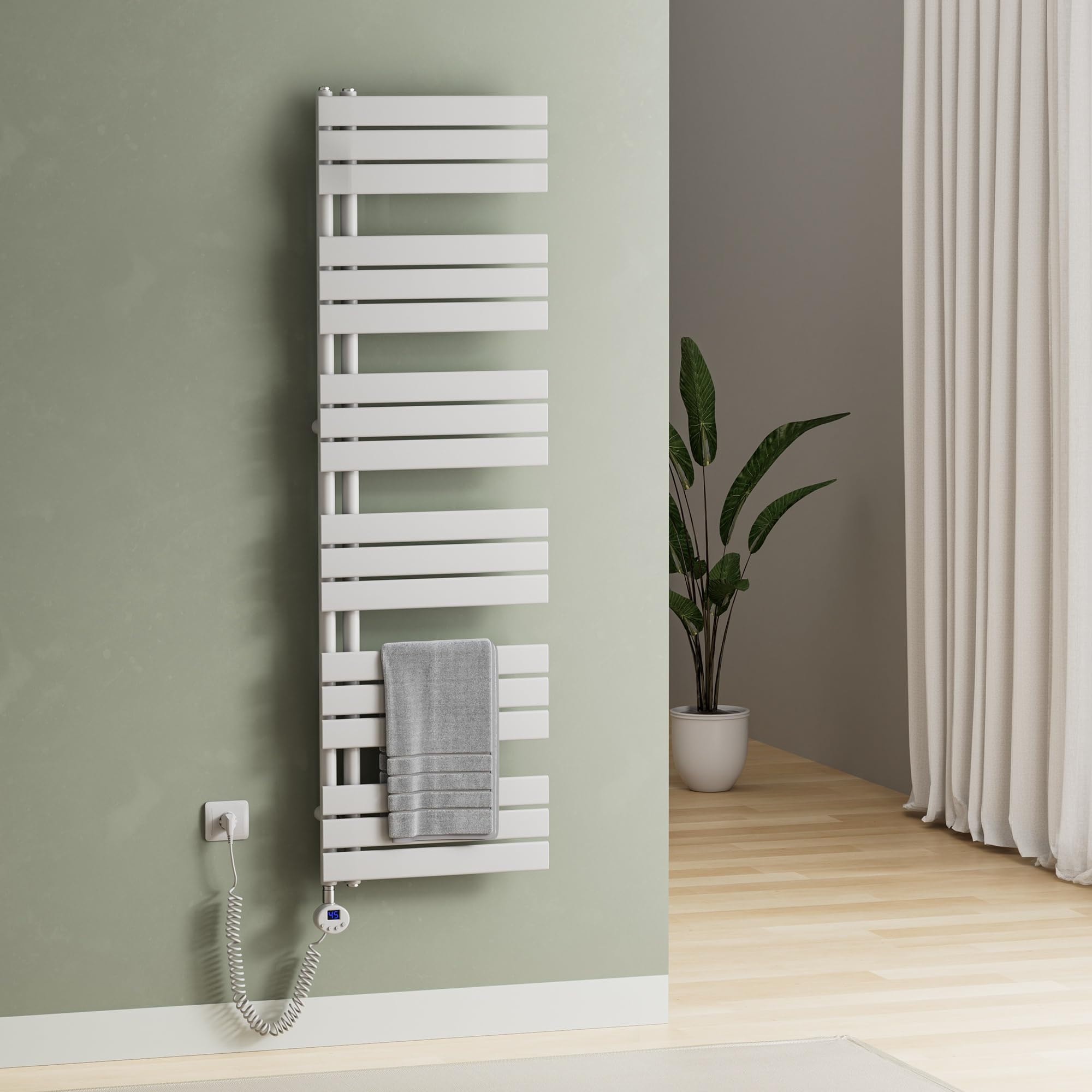 Sèche-serviette électrique WiFi 1320x600 Mm, 800W - Thermostat, Minuterie, Antigel - Pour Salle De Bain 8 M²