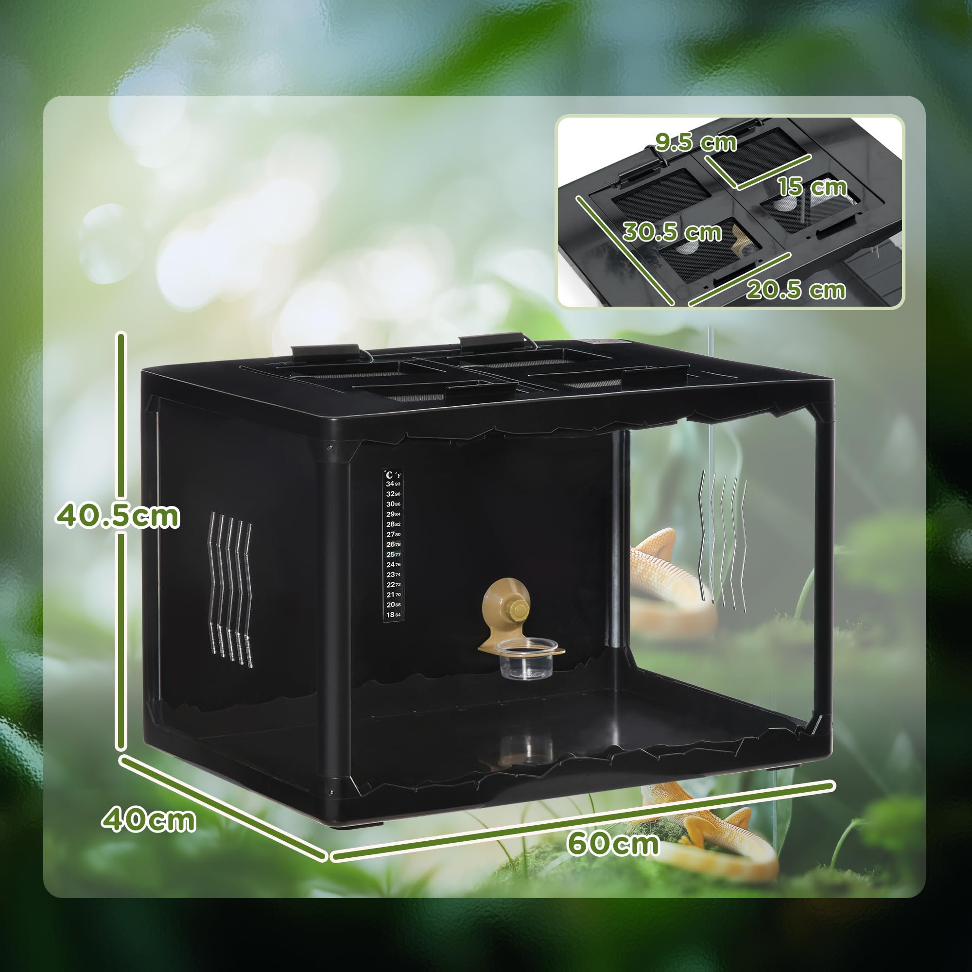 PawHut Terrarium für Landschildkröten, Chamäleon, Leguan, Gecko und Reptilien mit Thermometer 18-34℃, 60x40x40,5cm, Schwarz