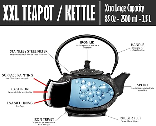 Miniatura 5 de Tetera japonesa XXL de hierro fundido con infusor y salvamanteles a juego, tetsubin grande de 85 onzas84.5 fl oz, tetera de hojas sueltas con