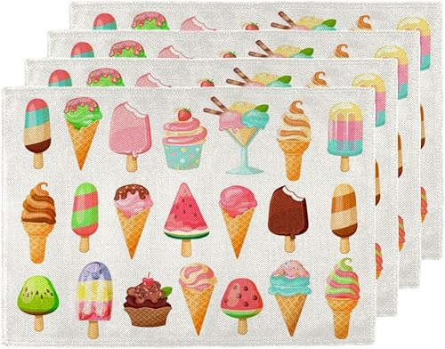 Juego de 4 manteles individuales con diseño de helado de comida, lavables, impermeables, para decoración de mesa de comedor, 18 x 12 pulgadas