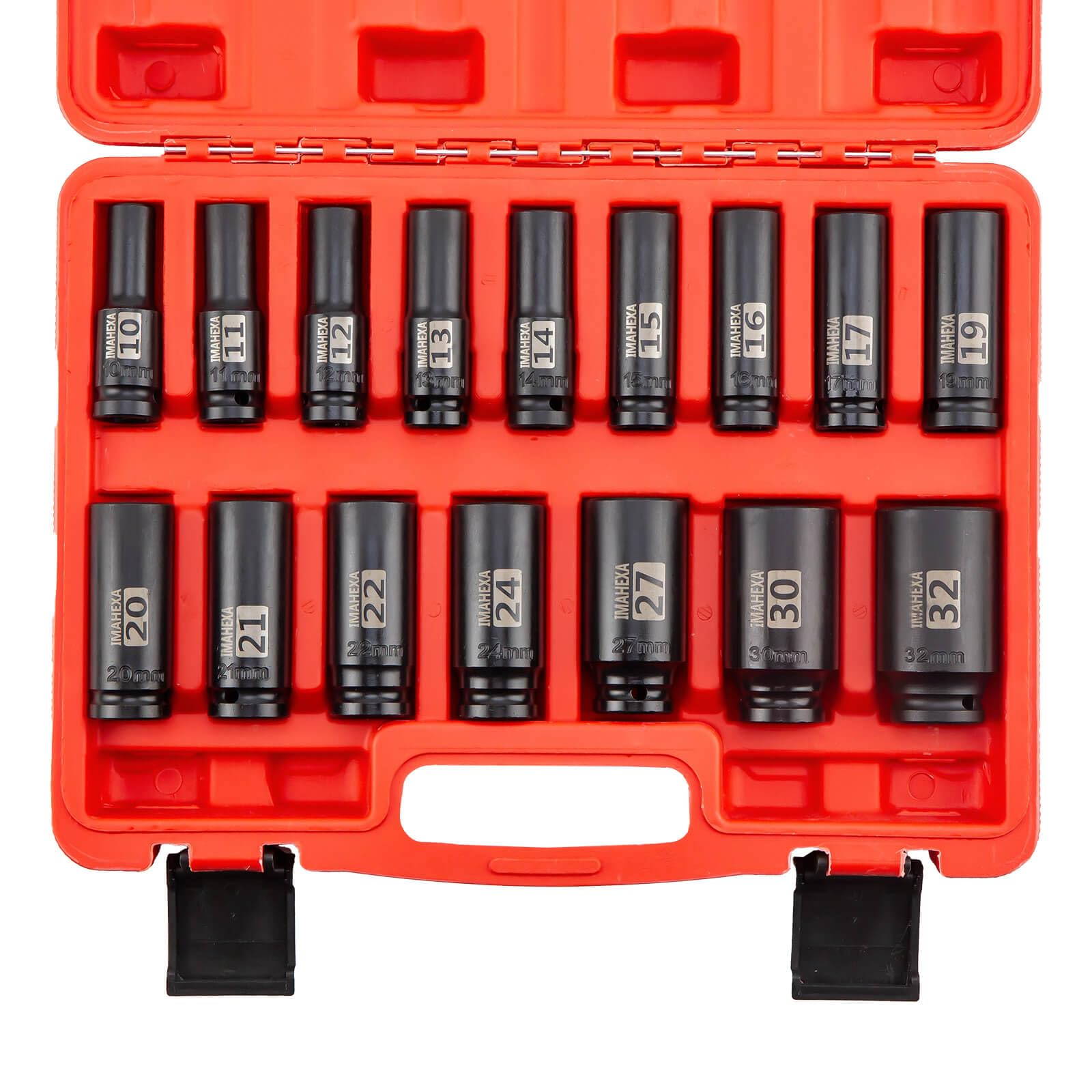 Imahexa 16PCS Impact Socket Set 1/2"Drive,Metric Sizes (10 to 32 mm),Allen Socket Set,Deep CO-MO Meterial Socket Set,Sleek Socket With Premium Red