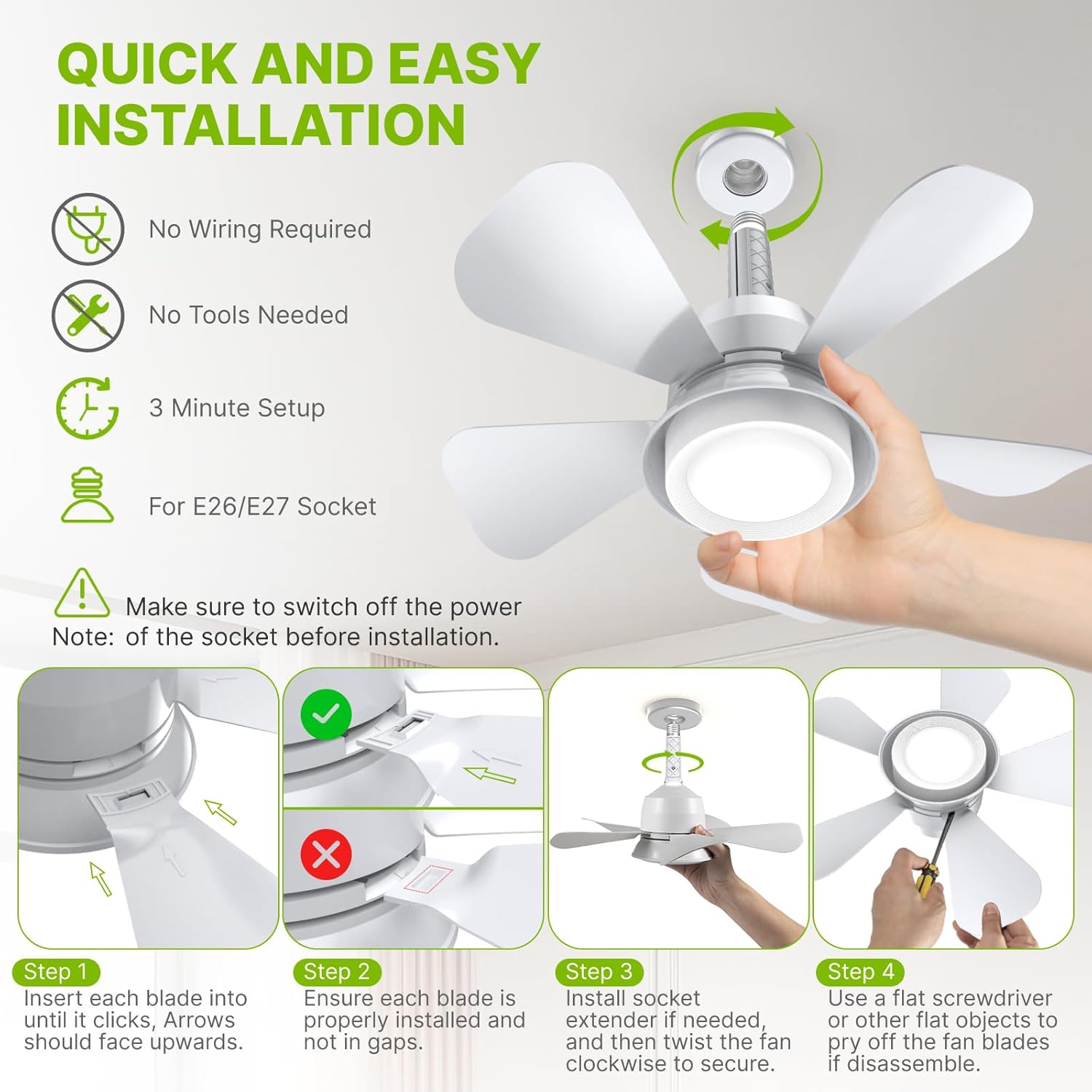 Socket Fan Light, 2 In 1 Ceiling Fans with Lights and Remote, 3 Colors 3000K-6000K Dimmable Light Bulb, Socket Breeze Ceiling Fan Easy Screw in E26/E27 Light Base for Bedroom, Indoor, Kitchen - Image 6