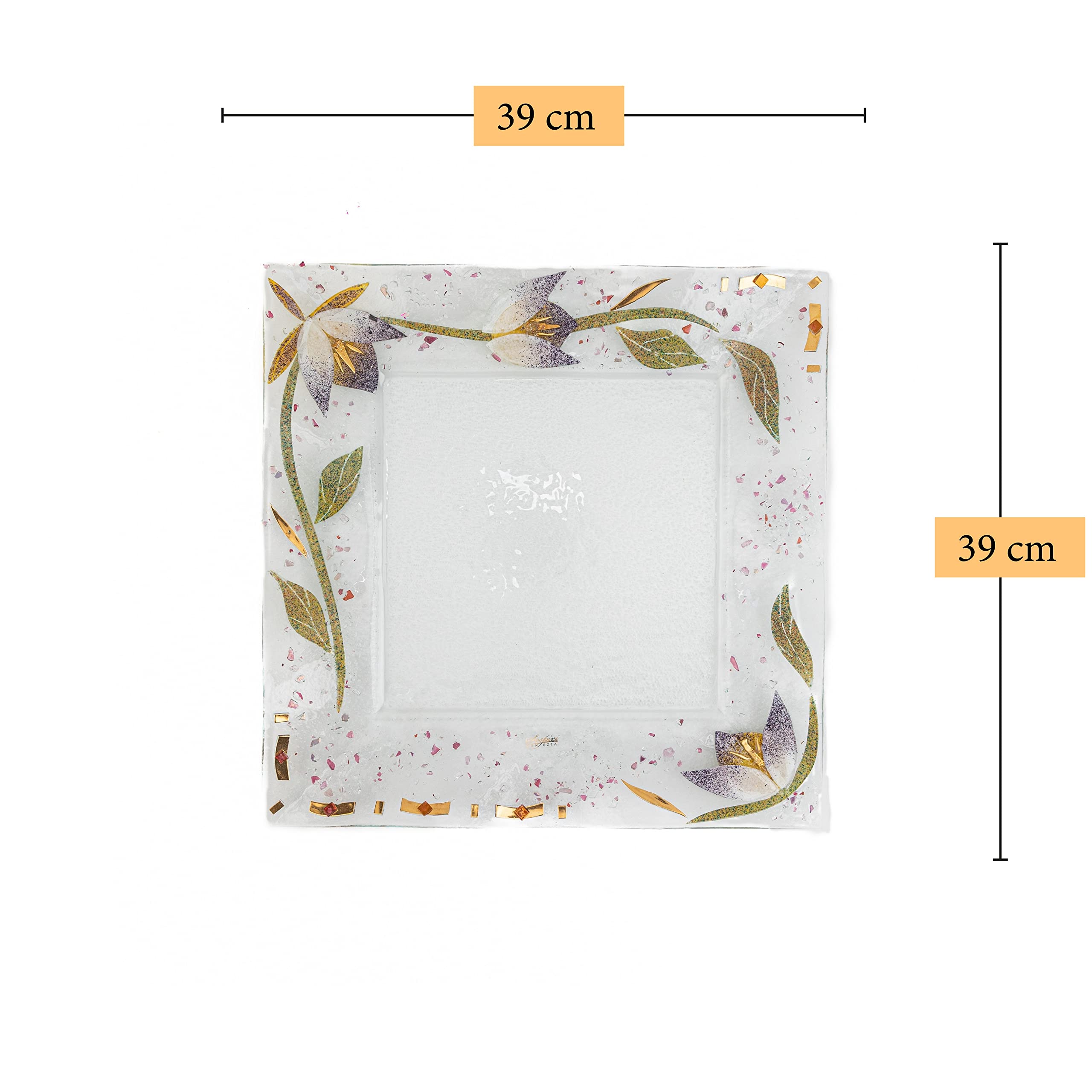 Sospiri Venezia Glastablett Teller Nippfigur Blumendekoration Handgefertigt Muranoglas mit Blattgold und farbigem Granulat in Relief verziert Venedig Geschenkidee Made in Italy (Azalee cm40x40)