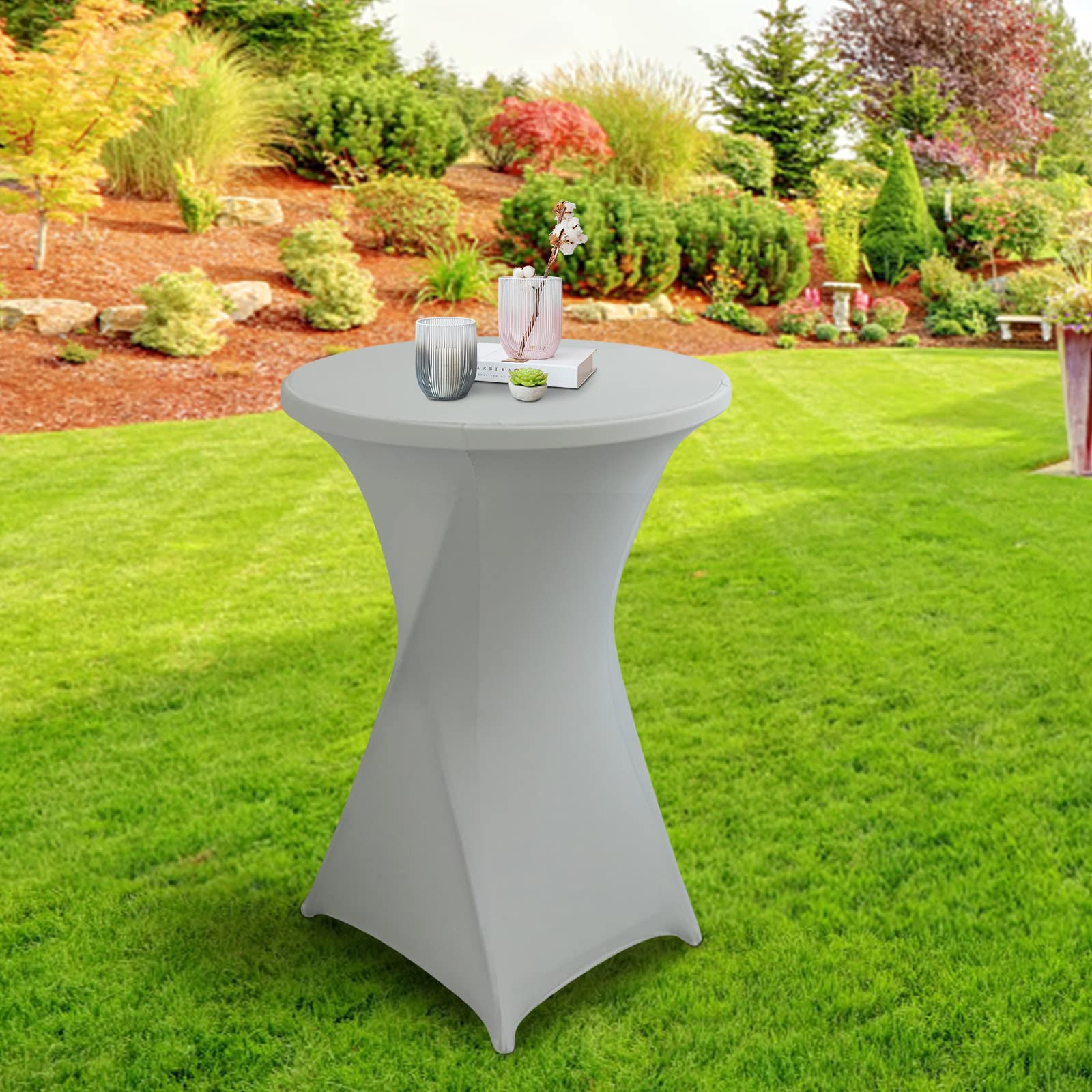 Zestaw 2 pokrowców na stoły koktajlowe, Ø 80-85 cm, wysokiej jakości pokrowce na stół bistro, stoły koktajlowe, eleganckie pokrowce ze stretchem na przyjęcie ogrodowe, wesele, chrzest, kolor szary