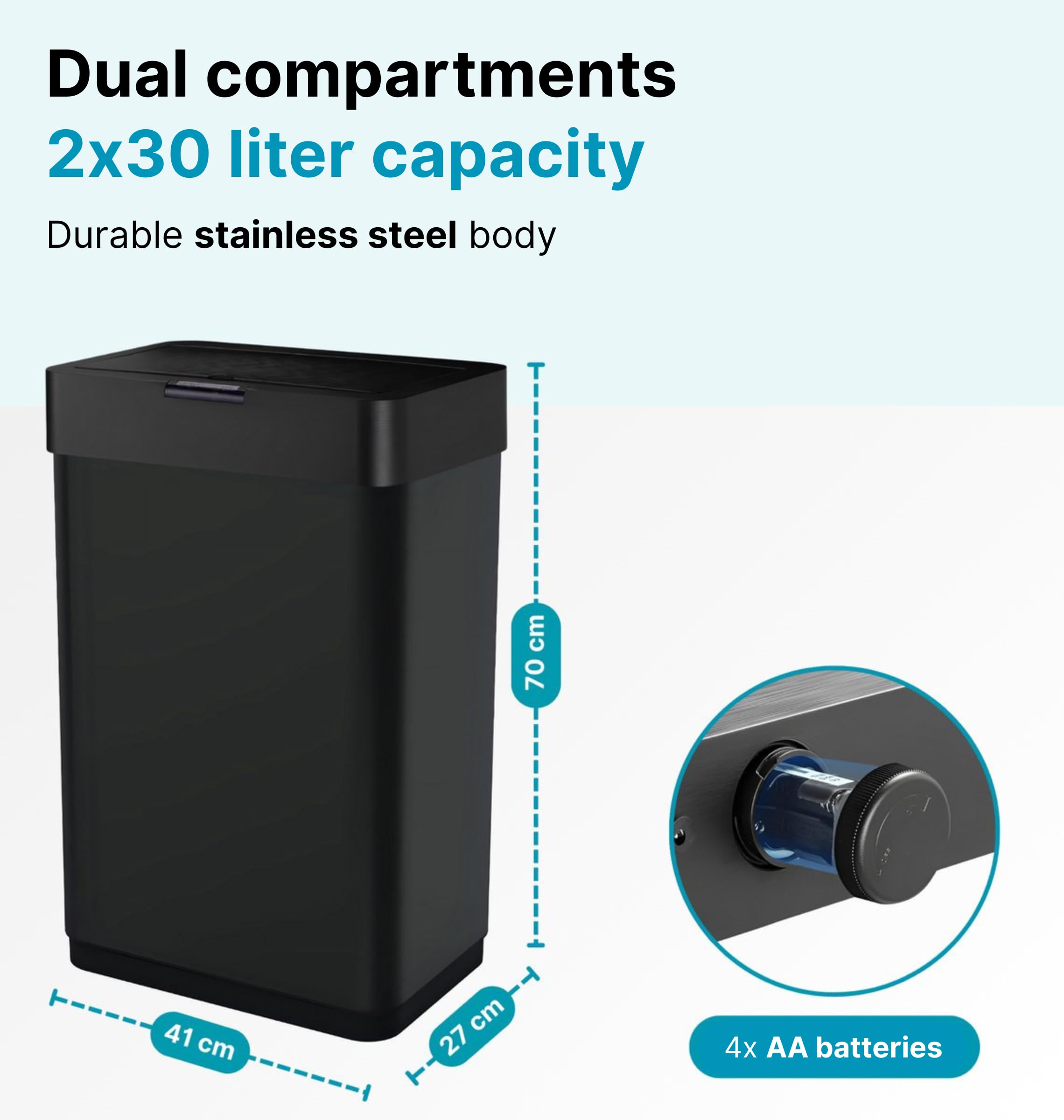 Five Stars® Mülleimer mit Sensor - 2x30 Liter - 2 Fächer - Edelstahl - Küche - Schwarz