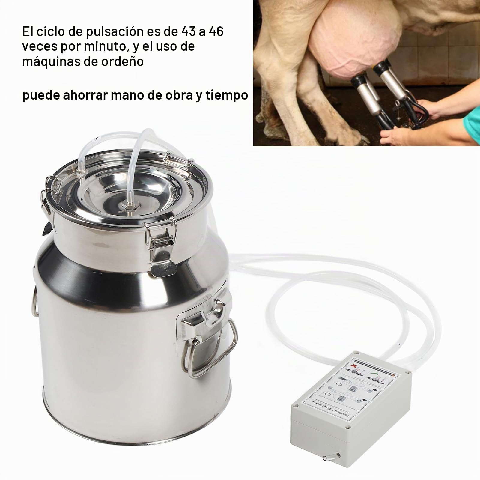 Ordeñadora de Cabras Eléctrica de 14 Litros, Ordeñadora para Vacas y Cabras, Bomba de Vacío Pulsante con Enchufe Portátil, Cubo de Acero Inoxidable 304 con Válvula de Retención