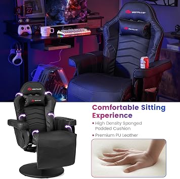 Goplus Gaming Chair, Height Adjustable Massage Video Game Chair with Retractable Footrest, Cup Holder, Headrest, Swivel Office Chair, Racing Style Swivel Gamer Chair (Black)
