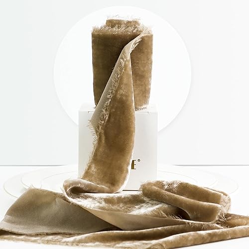 MEEDEE Cinta de terciopelo de color camello de 3 pulgadas, cinta de terciopelo con flecos, cinta de terciopelo de seda con borde crudo para coronas,
