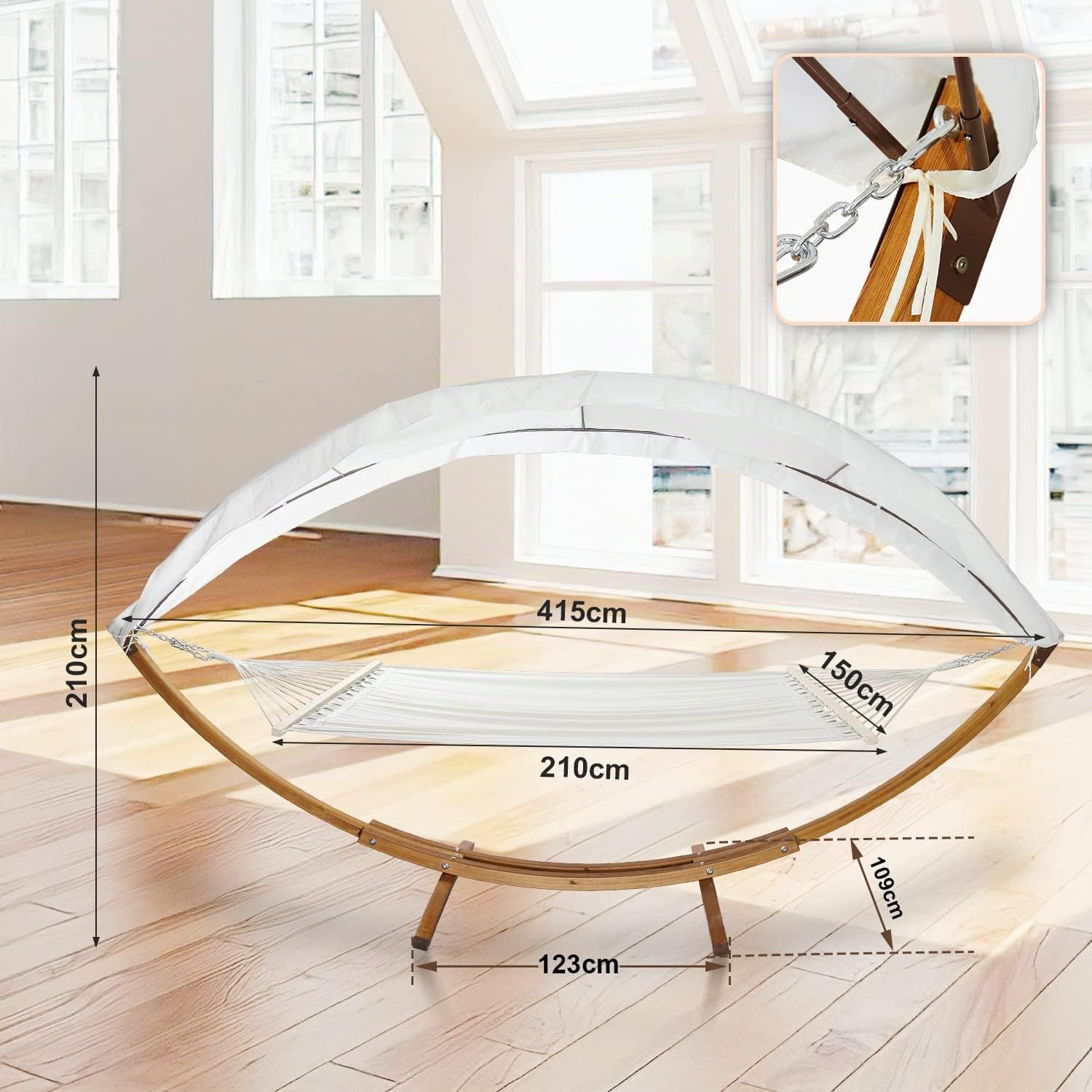 410cm Hängematte XXL mit Gestell und Sonnendach, Liegefläche 200x150 cm, Hammock aus wetterfestem Lärchenholz, bis 200kg, Stabhängematte für 2 Personen Outdoor und Indoor