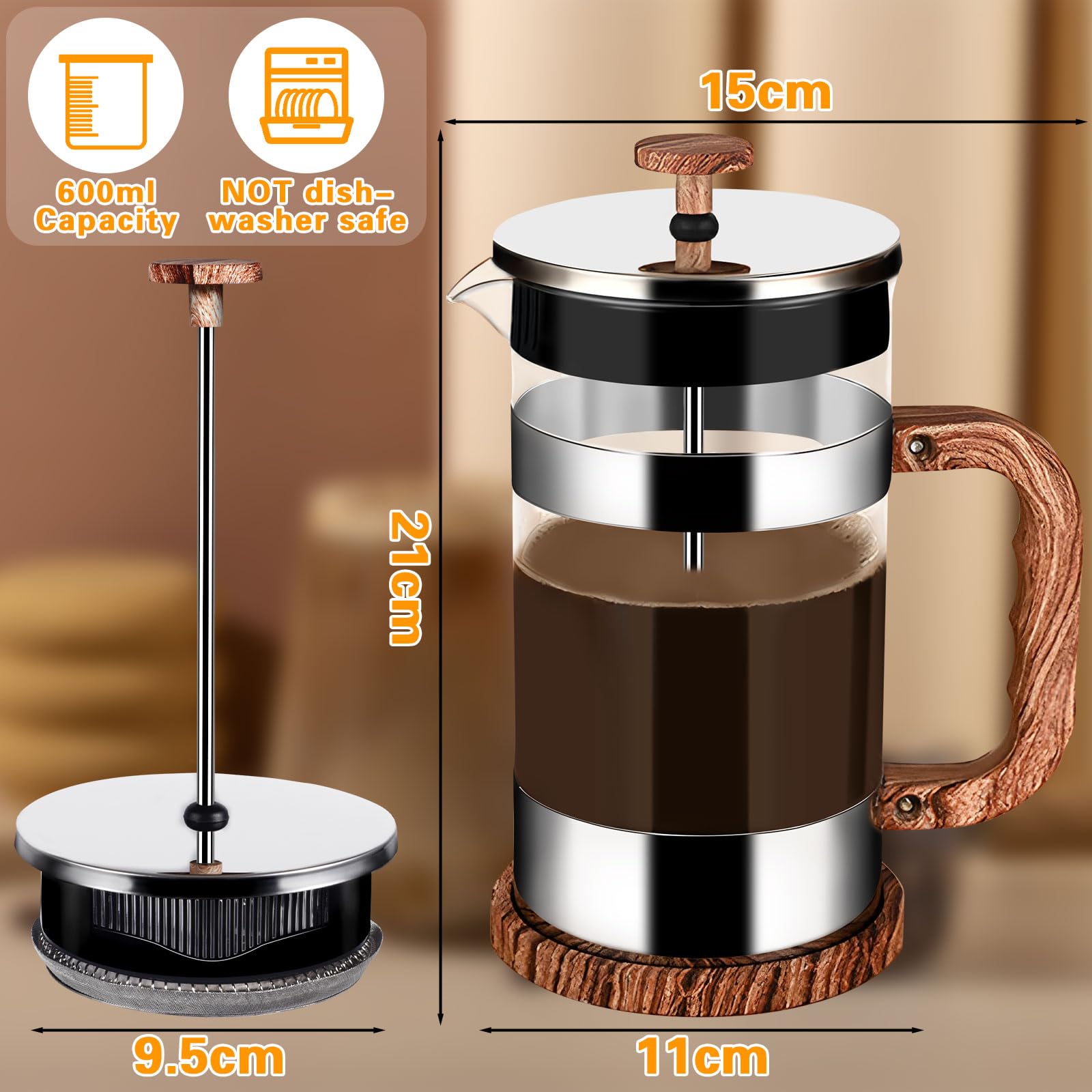 Cafetière à Piston, 1000ML Français Presse Café en Verre, Cafetière à Presse Française, Verre Résistant à La Chaleur Avec Boîtier en Acier Inoxydable et Filtrants Faciles à Nettoyer