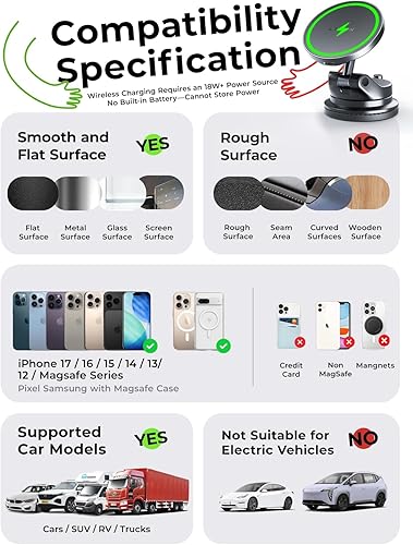 Miniatura 9 de LISEN Cargador Magsafe de 15 W para automóvil, SuctionPro Cargador inalámbrico para automóvil, soporte de teléfono con ventosa, soporte magnético de