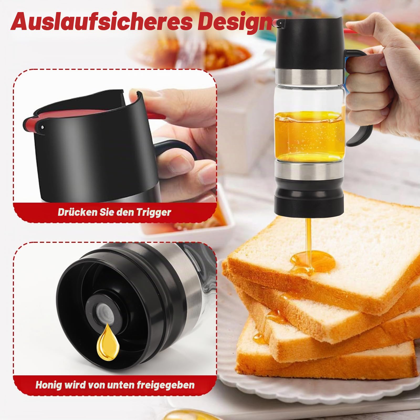 Honigspender Glas, 315 ml/ 10,65 oz Tropfsicherer Honigglas mit Griff, Tropfsicherer Honey Dispenser mit Halterung, Sirupspender Glas für Honig und Sirup, Schwarz