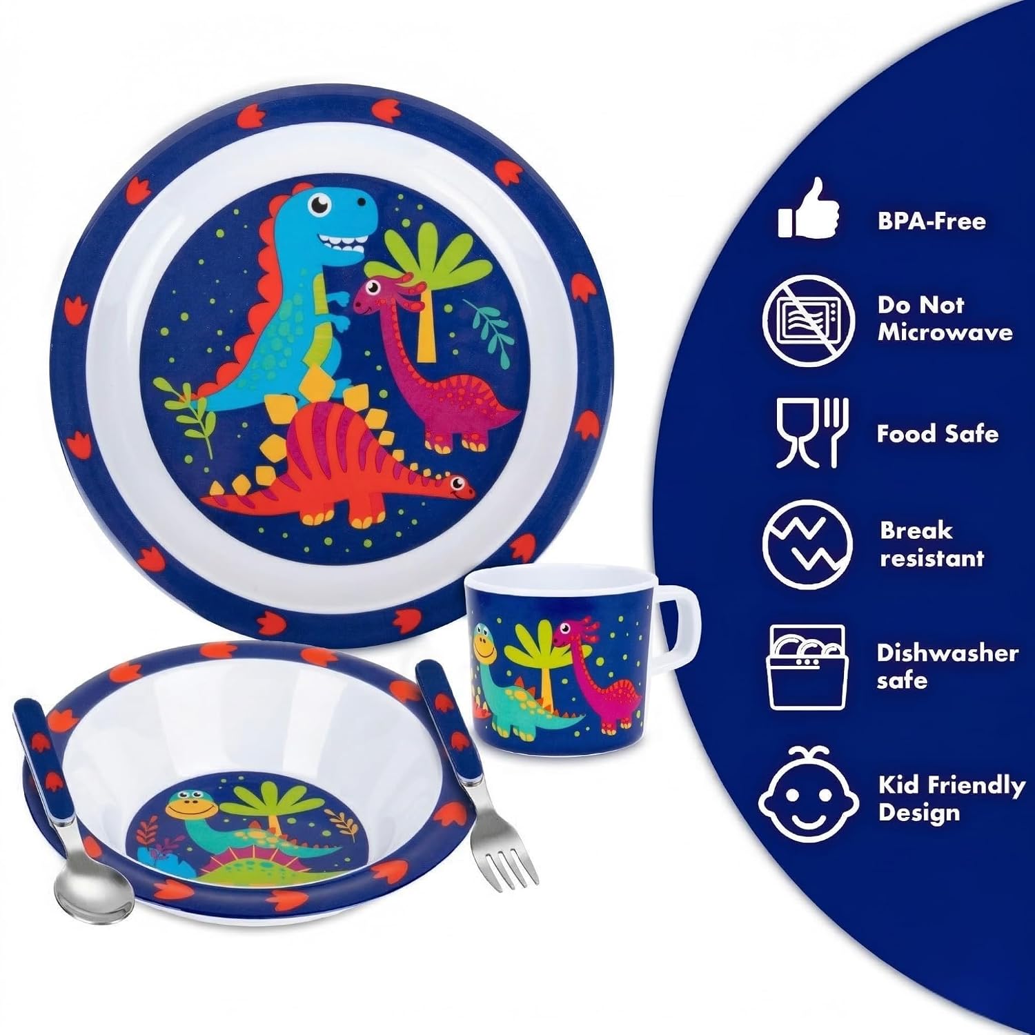 Bentology 5 Pc Melamine Dinnerware Mealtime Set Toddlers & Kids, Dinosaur | Includes Raised Edge Plate & Bowl, Cup, Fork & Spoon- Dishwasher Safe, BPA Free- Cute Durable Feeding Dish, Break-Resistant