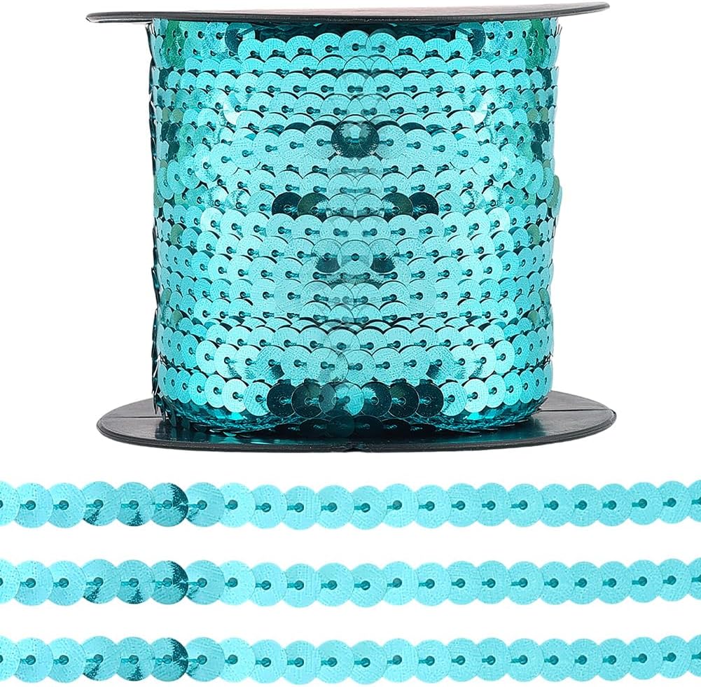100 Yards 6MM Sequin Strips Blue Flat Sequin Trim Bulk Shiny Glitter Lake Blue Spangle Paillette Sequins Trim for Sewing Dress Costume DIY Crafts Party Decoration Headband Fringe Embellish