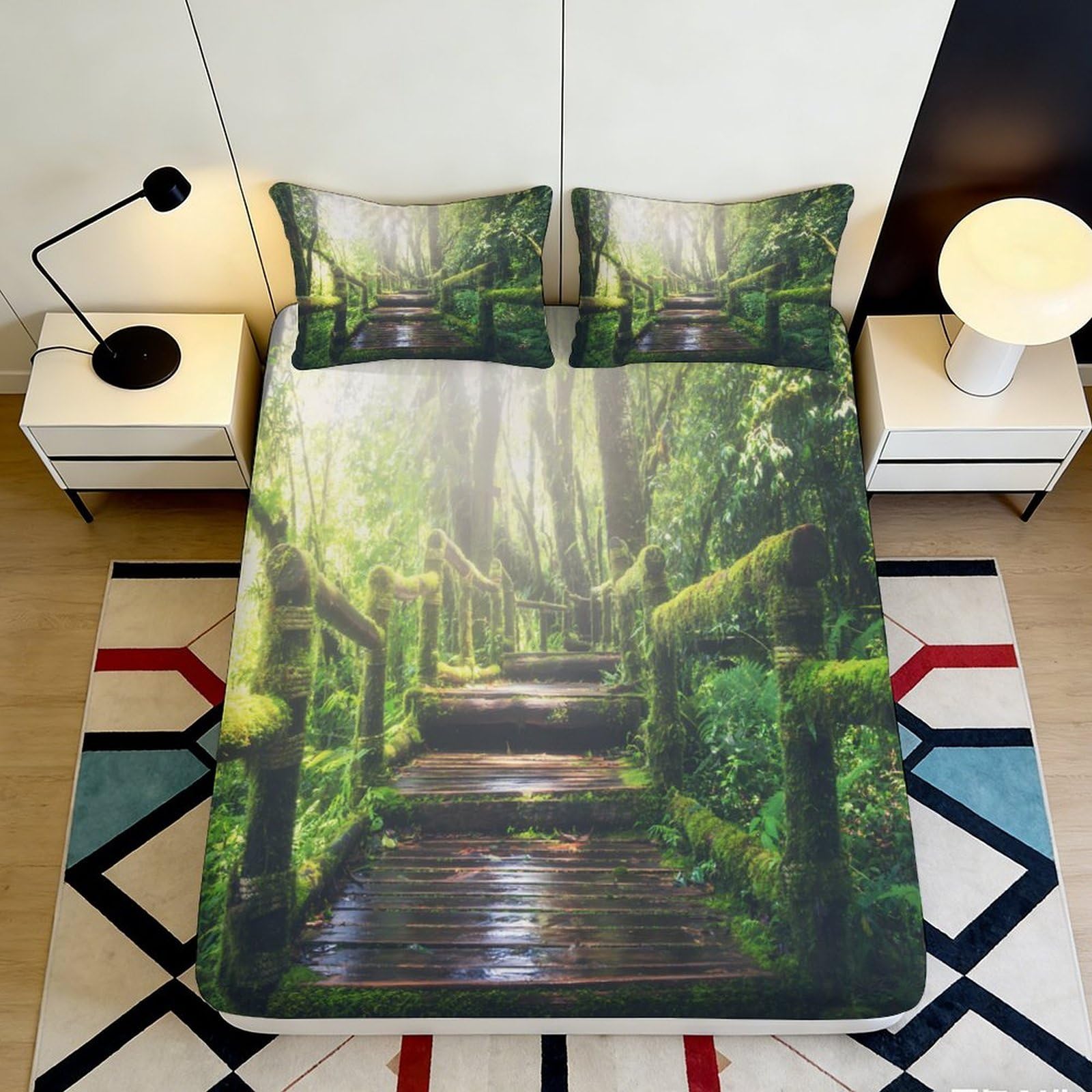 Pnayamiorkfel Style-2 3D Printed Forest Pathway Fitted Sheet Microfiber Mossy Bridge Mattress Cover For Bedroom Dorm Easy Care Decor 90X200x25cm