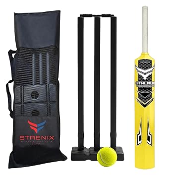 Complete Cricket Kit (1 Bat,1 Ball,1 Bag, Stump Set) for Kids and Youth Champion (Black Stumps, Yellow, Large)