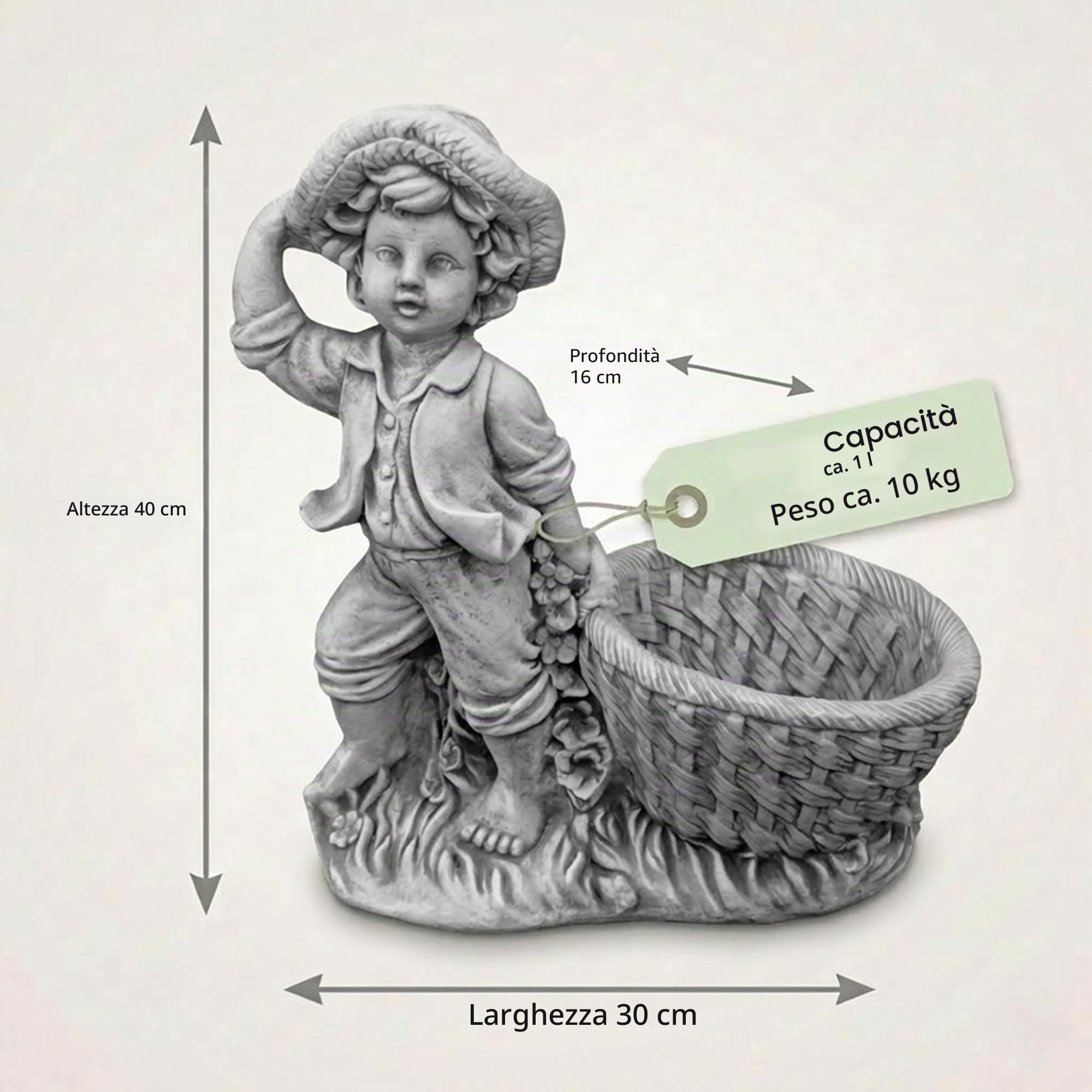 gartendekoparadies.de Statua da giardino Ragazzo con vaso, altezza 40 cm, vaso per piante in pietra refrattaria resistente al gelo, decorazione da giardino in grigio