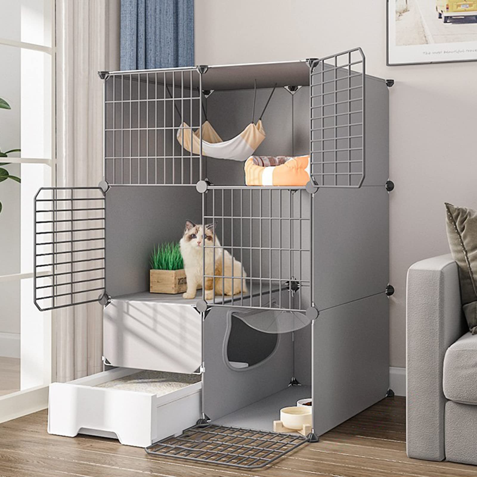 asdchZen 2 Tier Cat Cages Indoor With Litter Box,Portable Cat Cage,Small Pet Cages,Detachable Metal Wire Cat Cage,Exercise Place For 1-2 Cats,White,111 * 49 * 111Cm,A-75 * 49 * 111cm