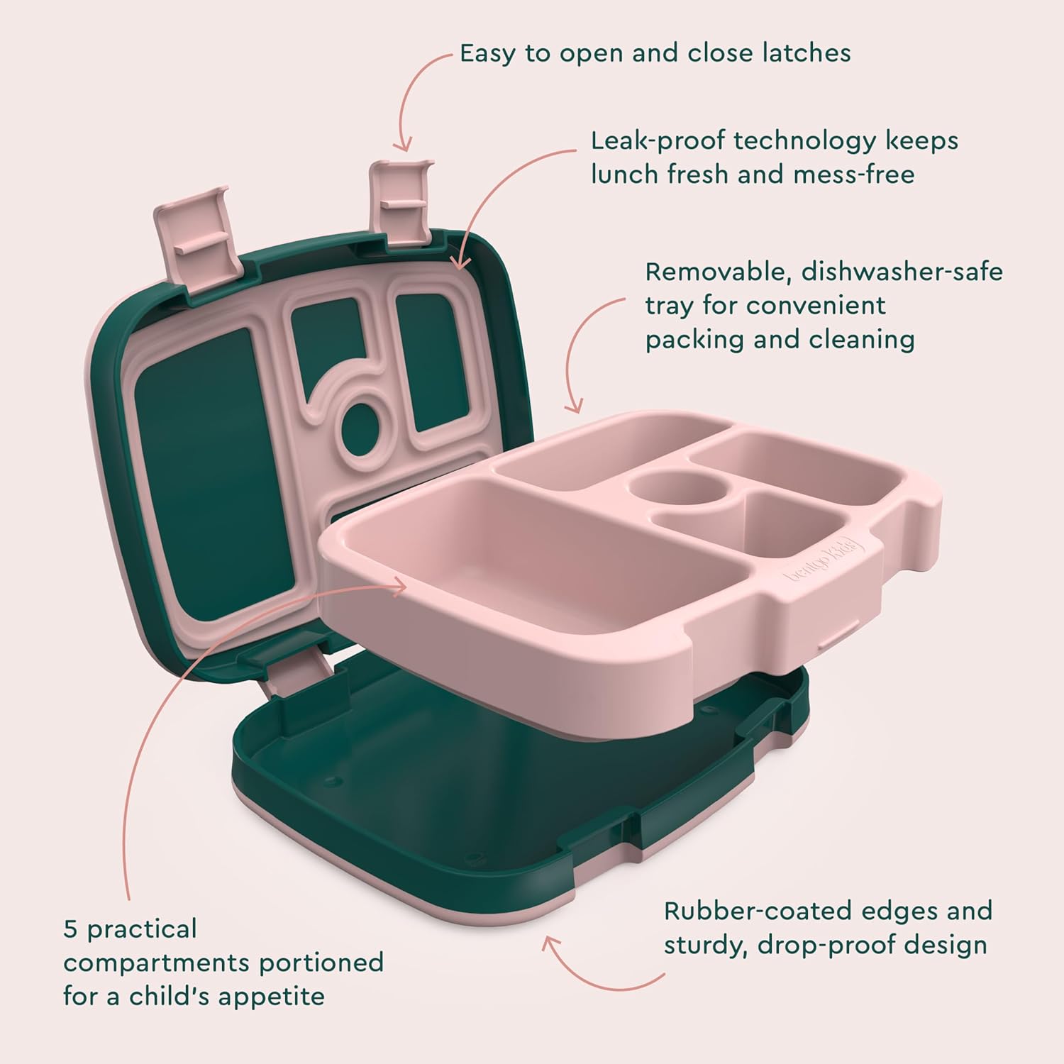 Bentgo Kids Prints Leak-Proof, 5-Compartment Bento-Style Kids Lunch Box - Ideal Portion Sizes for Ages 3-7, Durable, Drop-Proof, Dishwasher Safe, & PFAS & BPA-Free Materials (Green Rainbow) - Image 4