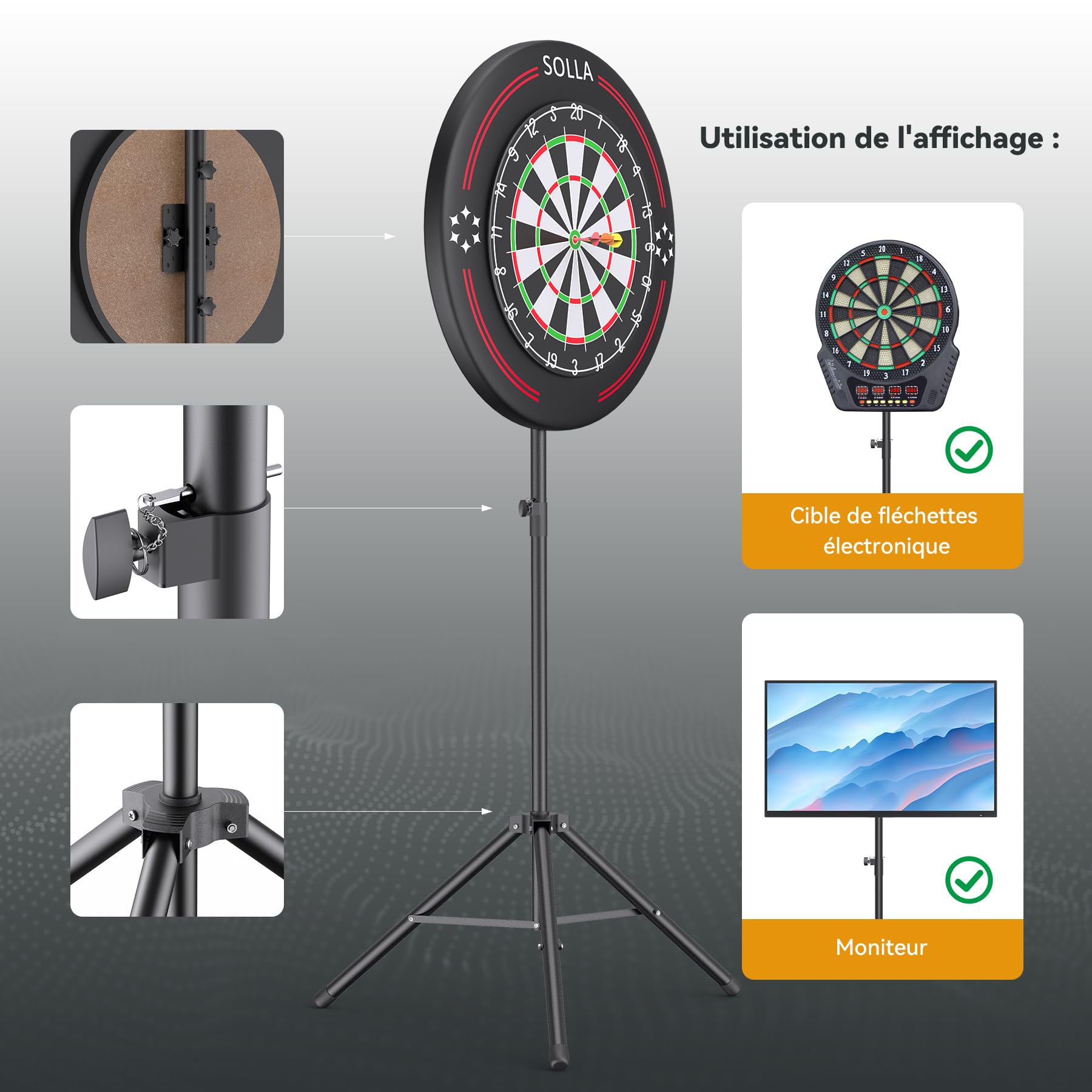 SOLLA Support Trépied Portable pour Cible de Fléchettes - Convient pour Cibles en Sisal et Électroniques (Cible Non Incluse)