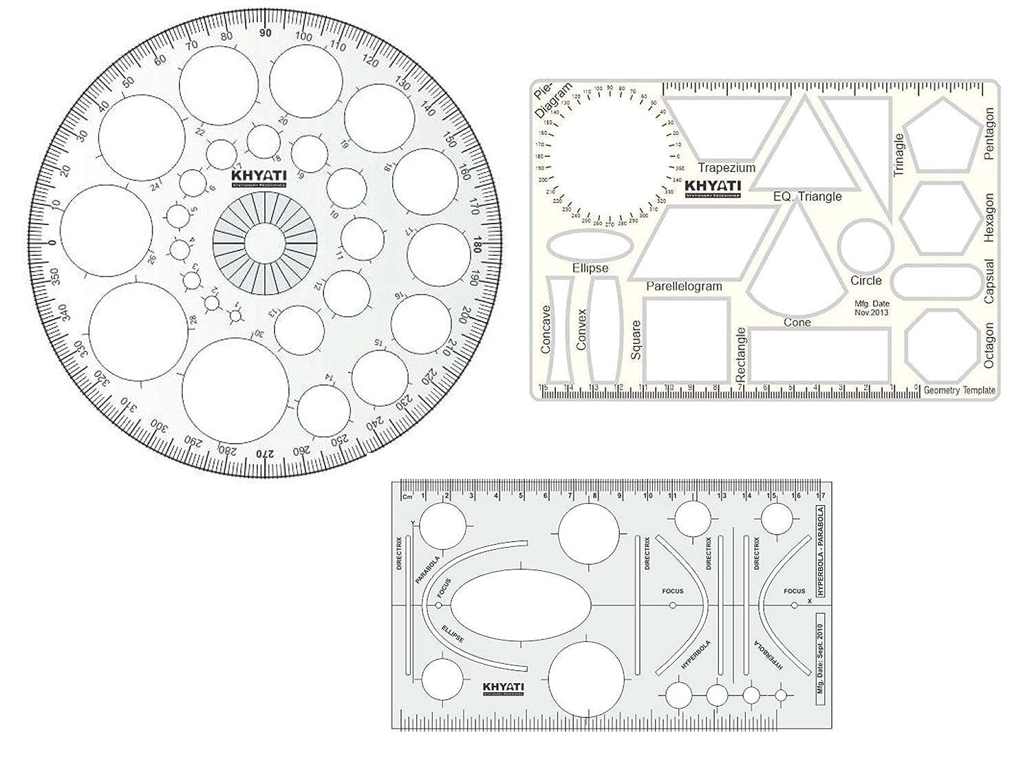 E Shopping Plastic Pro Circle with 25 Circles, Hyperbola- Parabola Template, Geometry Template, Drafting Scale Ruler Very Useful to Architect, Engineering Students, Office Employee (Set of 3)