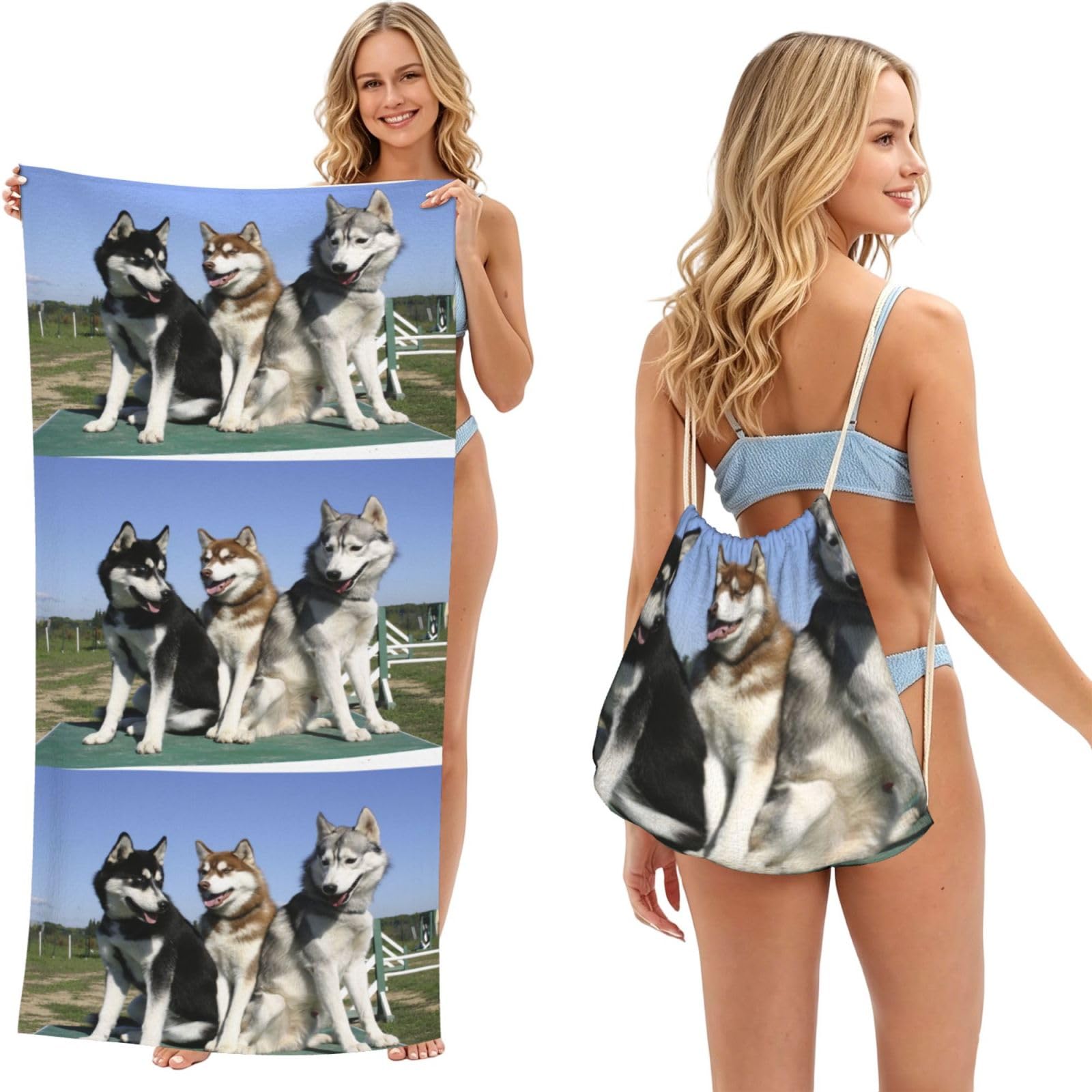Poadnly As Picture Husky Huskie Dogs, 2 In 1 Packable Towel Bag, Beach Towels With Drawstring Backpack For Travel Holiday Camping