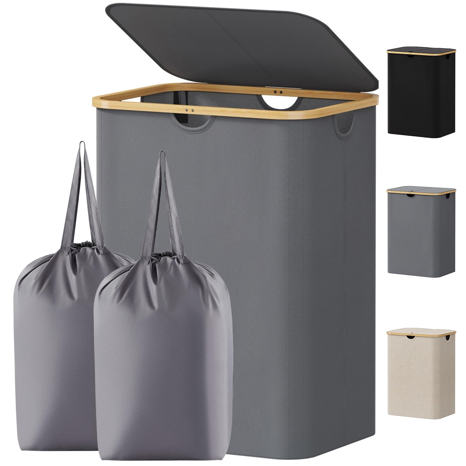 Lifewit 150L Wäschekorb mit Deckel, Wäschekörbe für Wäsche mit Bambus Griffe und Eine Abnehmbare Wäschesack, Große Faltbare Wäschekorb für Schlafzimmer, Bad, Schlafsaal, Waschküche, Grau