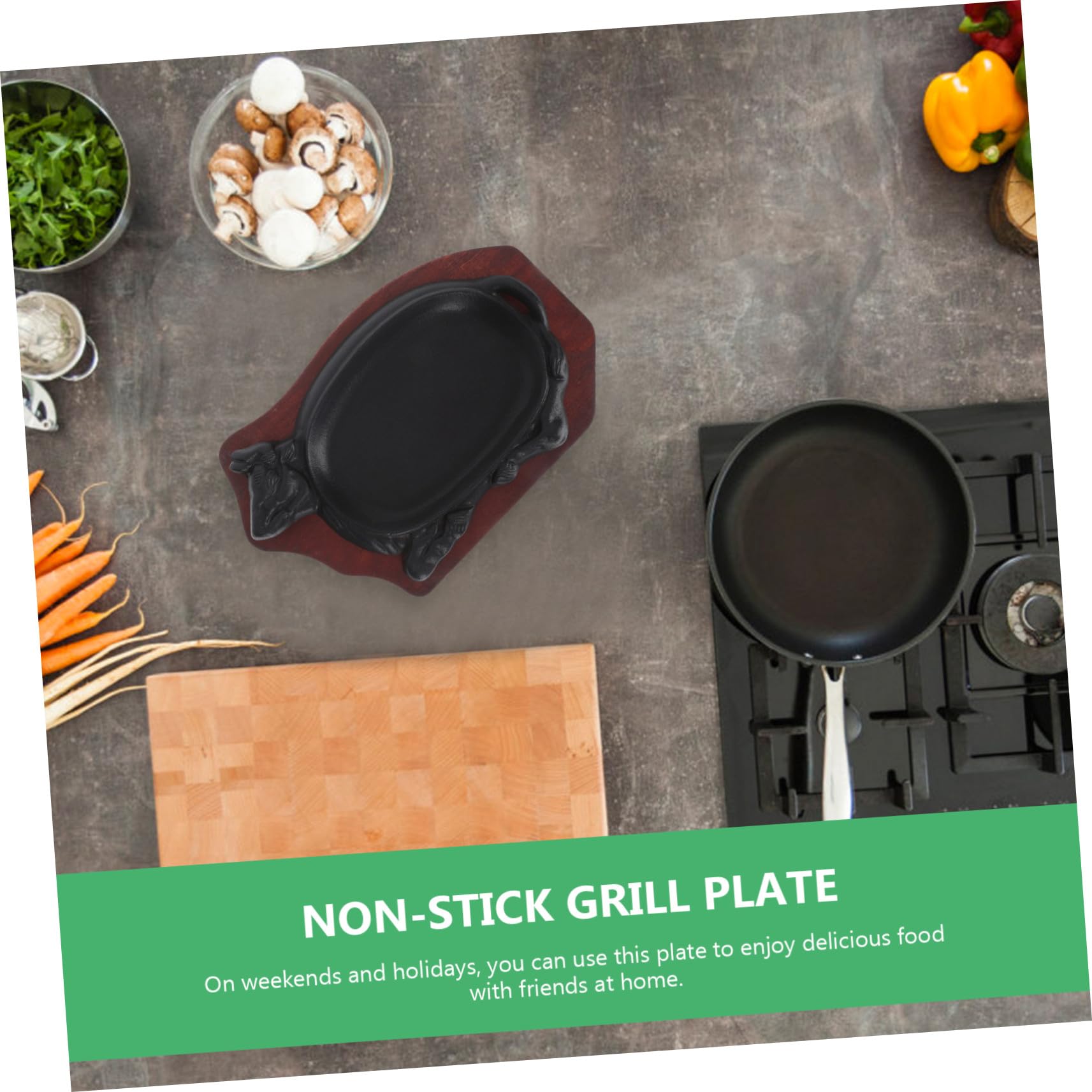 Piastra Bistecca in Ghisa Nera, Set 1 Pezzo Vassoio | Legno Incluso, Forma a Bue, Bordi Lisci senza Sbavature, Leggera e Facile da Trasportare