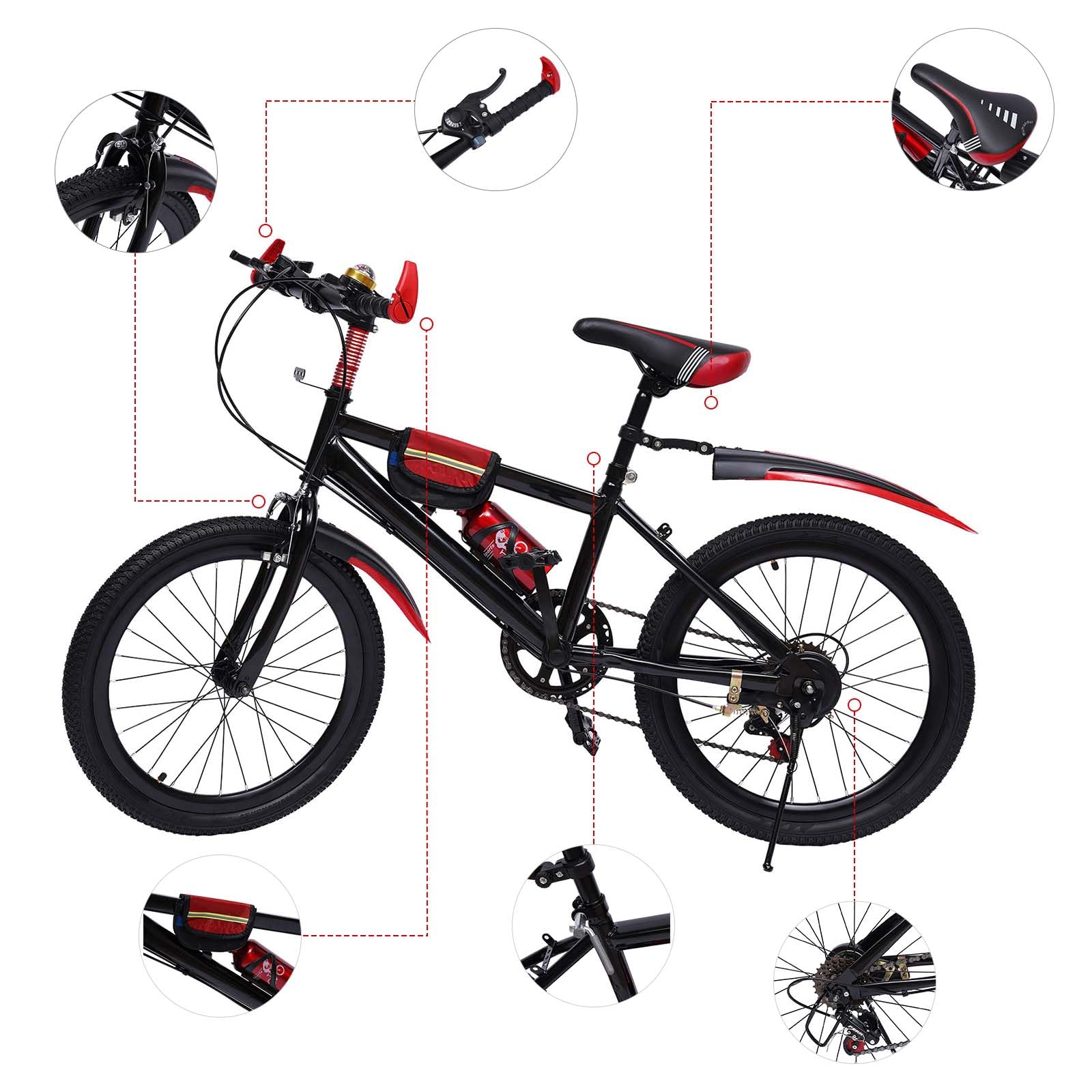 20 Zoll Kinderfahrrad, Jungen Fahrrad, Mountainbike Aluminium Scheibenbremse/V-Bremse Fahrrad mit Tasche und Flaschenhalter, für Kinder Jungen und Mädchen, 6 Gang
