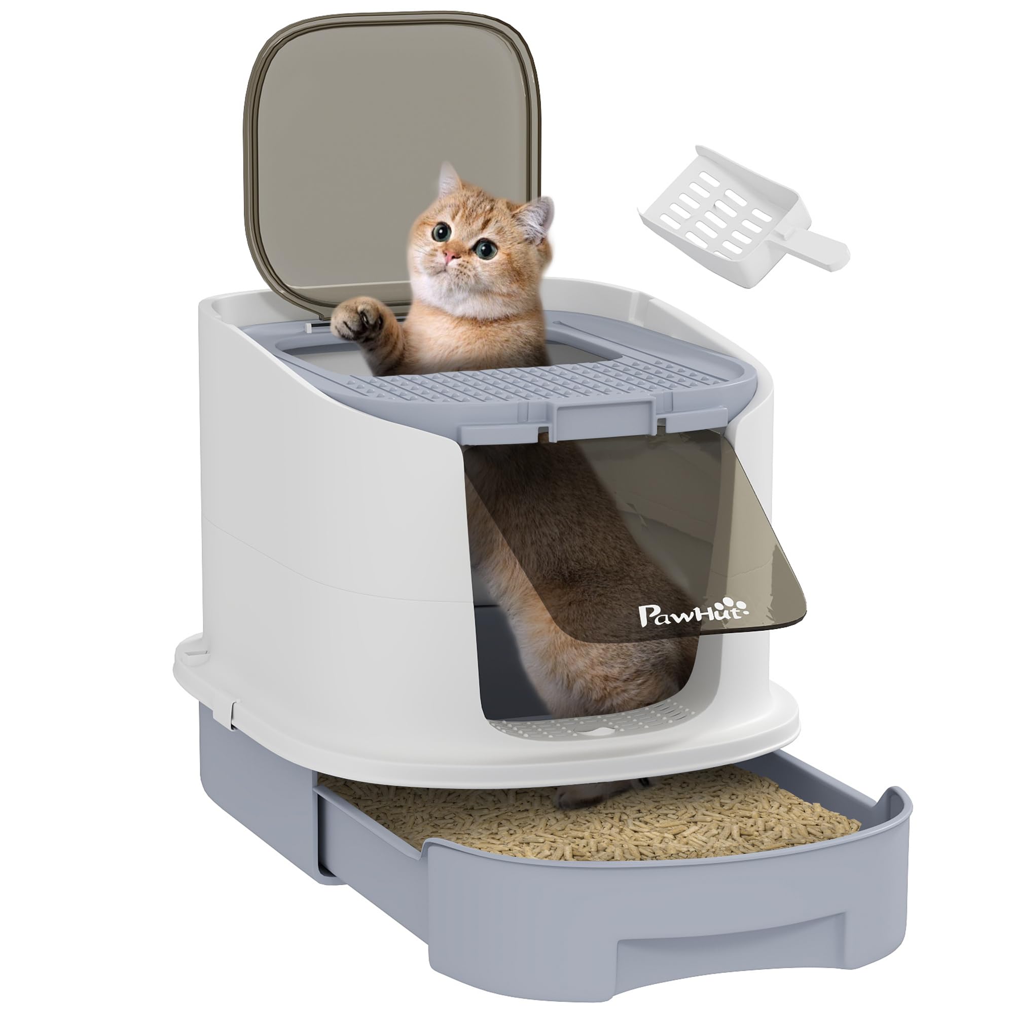 PawHut Covered Cat Litter Box for Cats, Closed Litter Box with Front Entry, Top Exit, Removable Lid, Removable Tray and Shovel, 40.5 x 52.5 x 42.5 cm, White and Grey