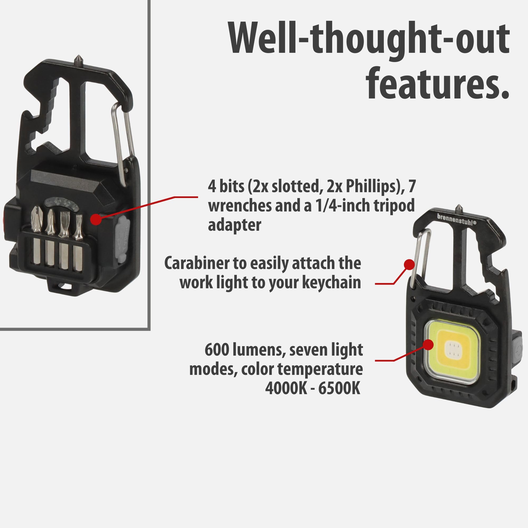 Brennenstuhl Mini LED Torch MTL 600 A (Rechargeable Work Light 600lm, 7 Light Modes, Key Ring, Bottle Opener - Image 4