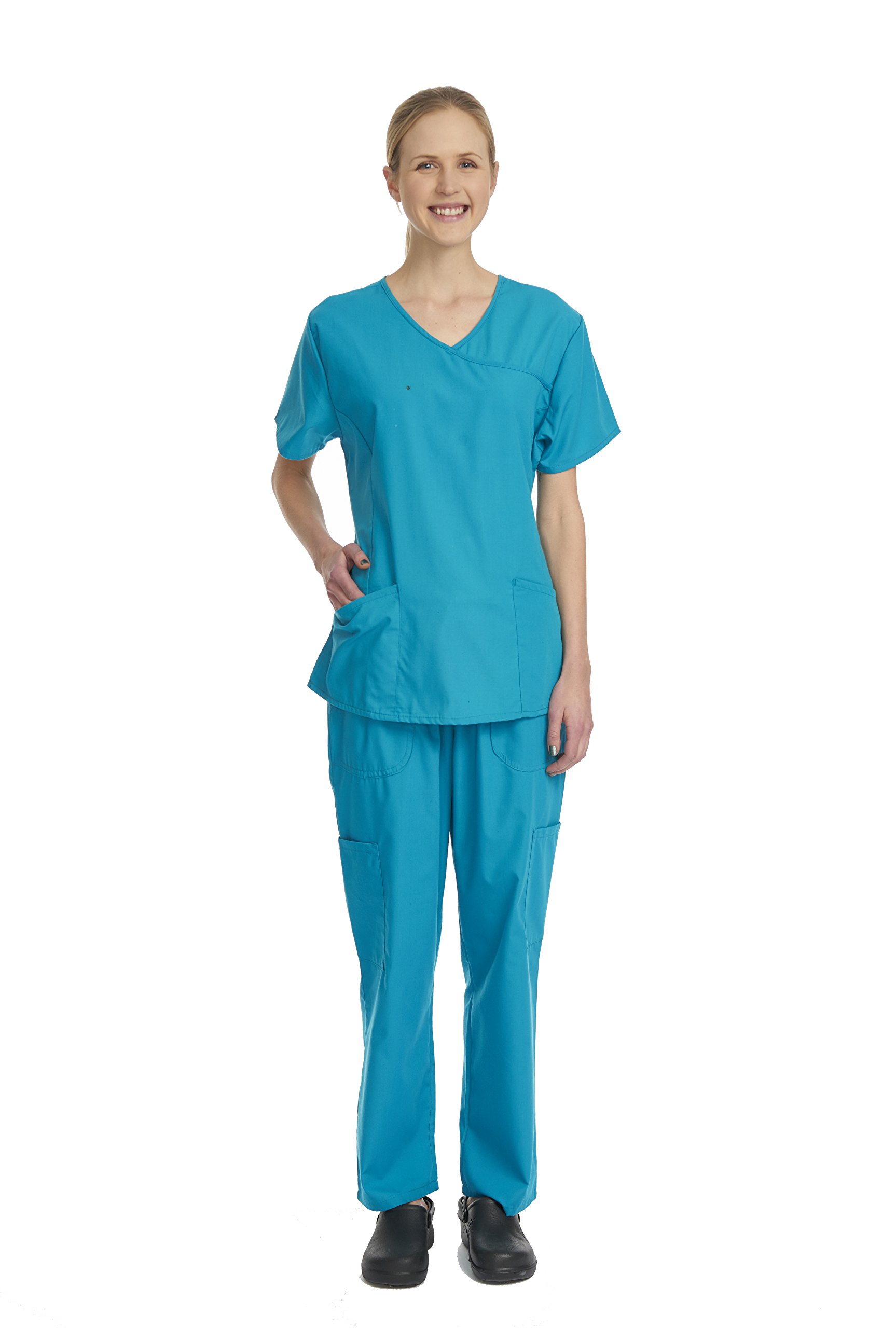 Denice Scrubs for Women Medical Nurses Uniform Mock Wrap Crossover 6 Pocket Full Set Missy FIT (14 Colors) 944