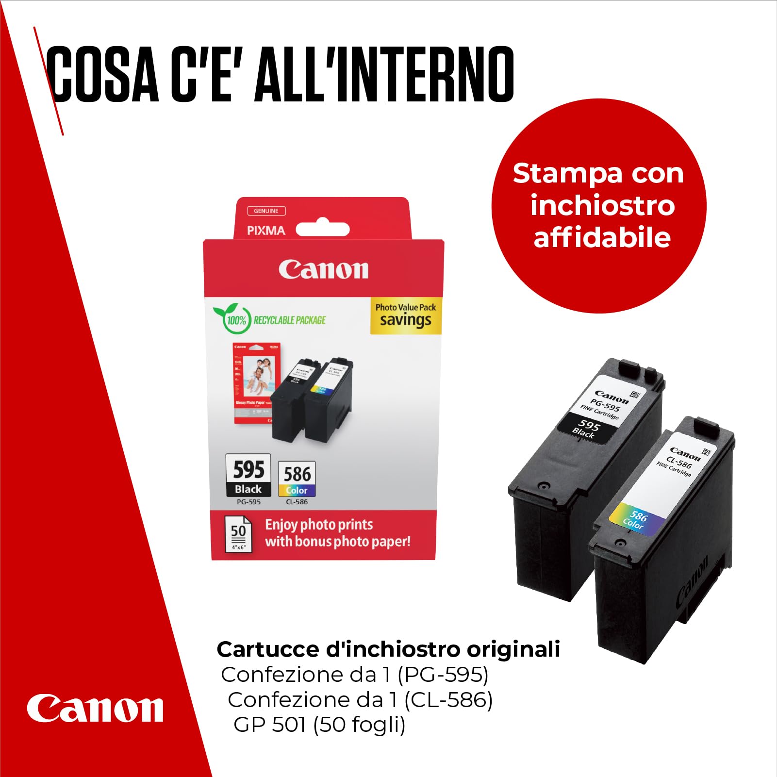 Canon PG-595 / CL-586 Cartucce per Stampante Originali (1 x Nero, 1 x Colori) & 4x6 Carta Fotografica (50 x Fogli) GP-501
