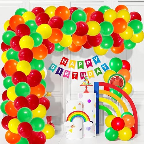 Miniatura 7 de Kit de arco de guirnalda de globos rojos, amarillos y verdes, 121 globos de colores surtidos, globos de sol, sandía, globo de aluminio para autobús