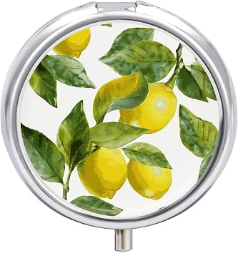 Metal Round Pill Box 3 Compartment, Cute Portable Travel Pill Organizer Small Lemon Branch Leaves Pill Case for Pocket Purse Pill Container Medicine Organizer Box Daily Vitamin Holder