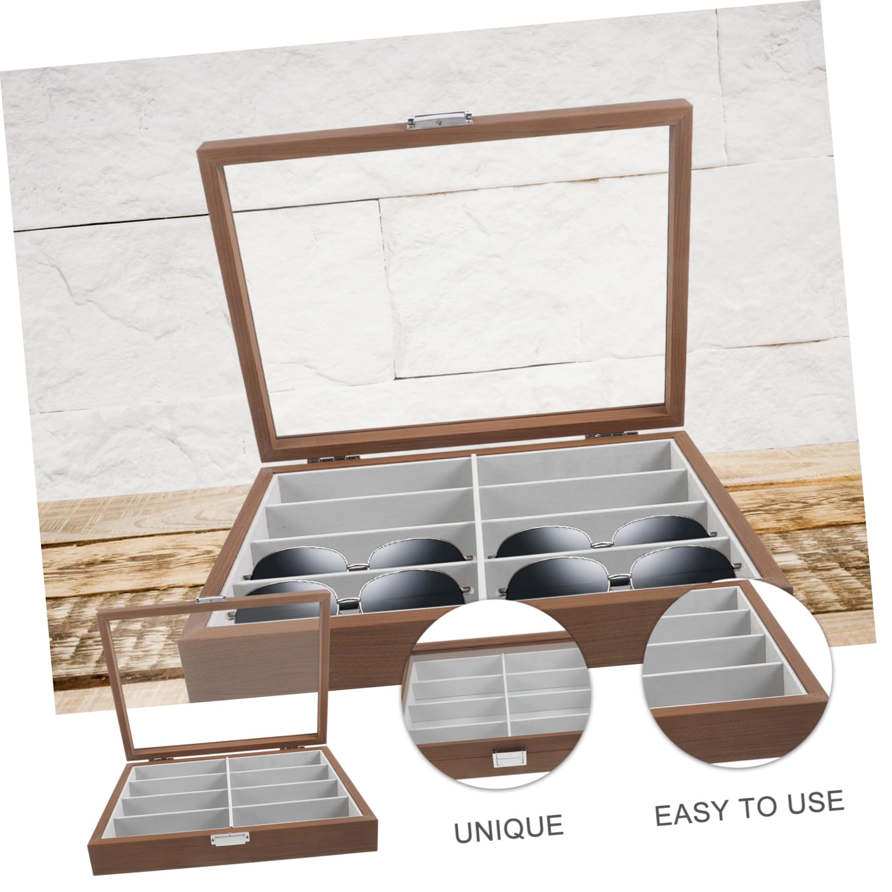 Boîte de Rangement pour Lunettes Coffret Bois avec Coussin Intérieur Vitrine Transparente pour Soleil