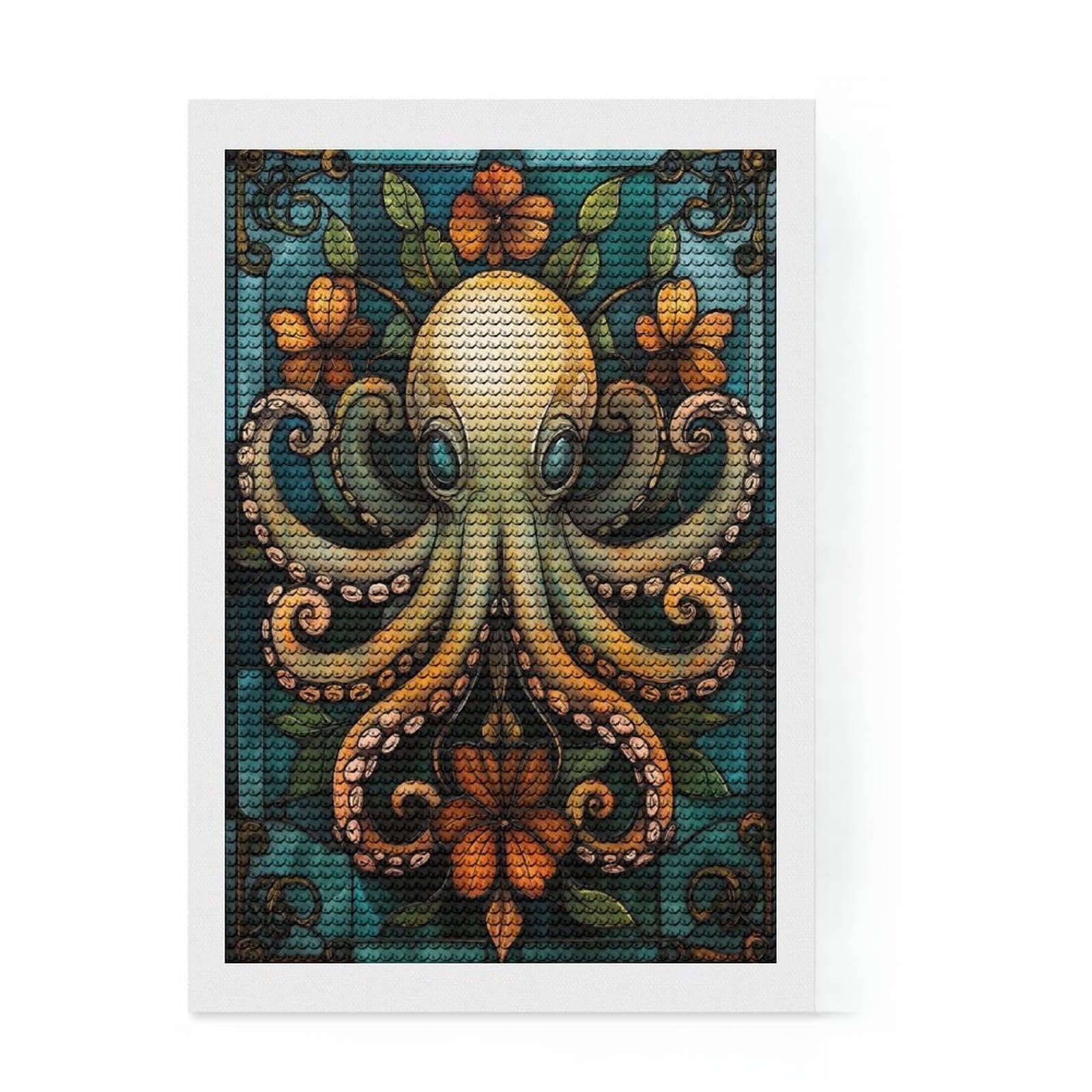 Junmoney Octopus Stained Glass Art Diamond Art Kit 8"x12", Stress Relief Craft, Satisfying Creative Project, Cosy Home Accent, for Beginners