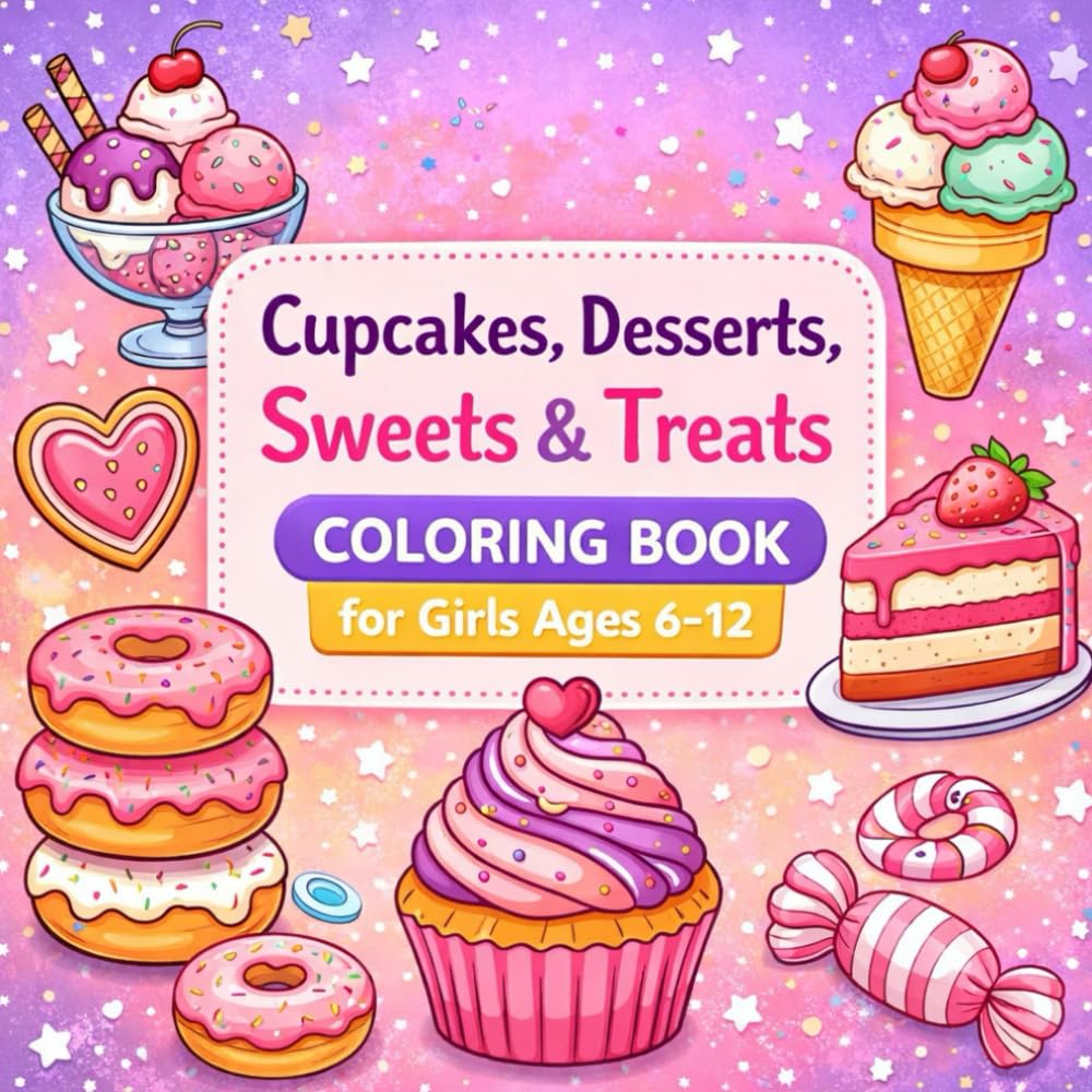 Cupcakes, Desserts, Sweets & Treats Coloring Book for Girls Ages 6–12: Fun and Cute Bakery Coloring Pages Featuring Cupcakes, Cakes, Donuts and Sweet Treats for Creative Kids