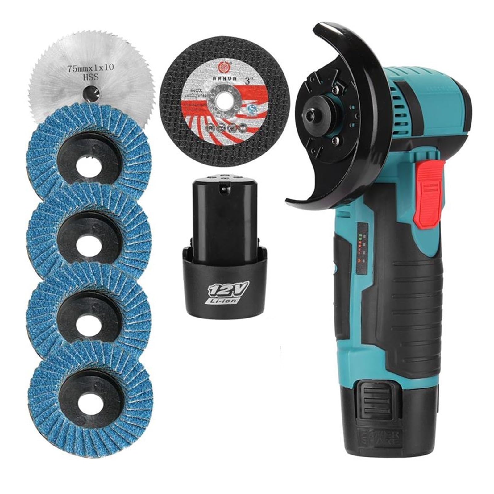 LNHHG 12V 19500rpm Mini Angle Grinder Machine Power Tool Grinding Cutting Metal Wood Brushless Cordless Cutter With Lithium Battery(Type1 2Batteries)