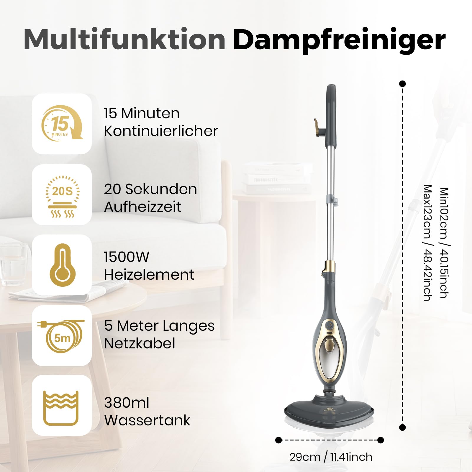 Limpiador de vapor 12 en 1, mopa de vapor, 1500 W, suelo multifuncional y limpiador a vapor de mano, con depósito de agua de 380 ml y calentamiento rápido de 25 segundos, incluye 12