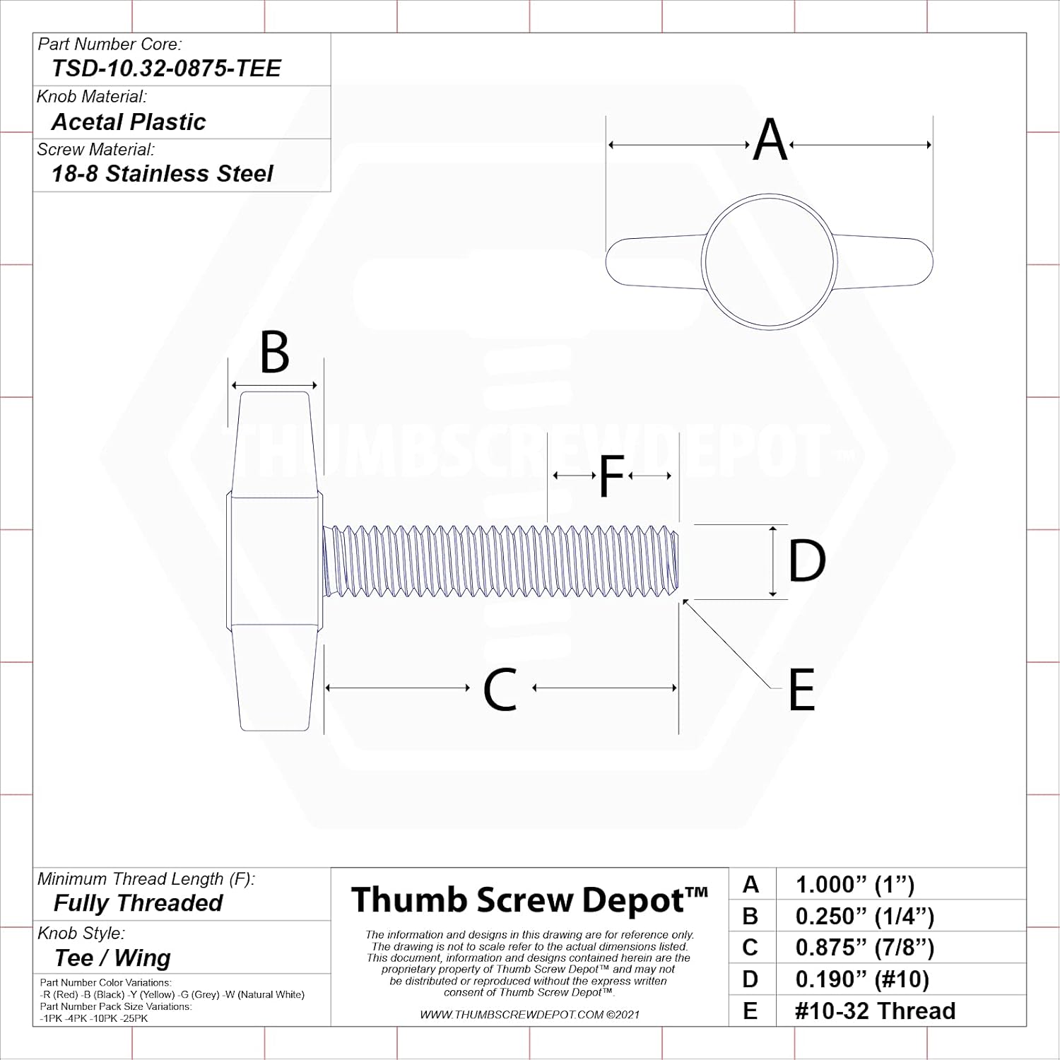 #10-32 x 7/8" Thumb Screw Stainless Steel - Red Tee Wing Plastic Knob - Fine Thread Thumbscrew - Length: 0.875" - Proudly Built in USA - Package of (25)