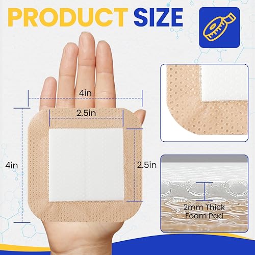 Miniatura 2 de Paquete de 20 apósitos de espuma de silicona de 4 x 4 pulgadas con borde adhesivo, vendajes de silicona de alta absorción, vendajes de espuma