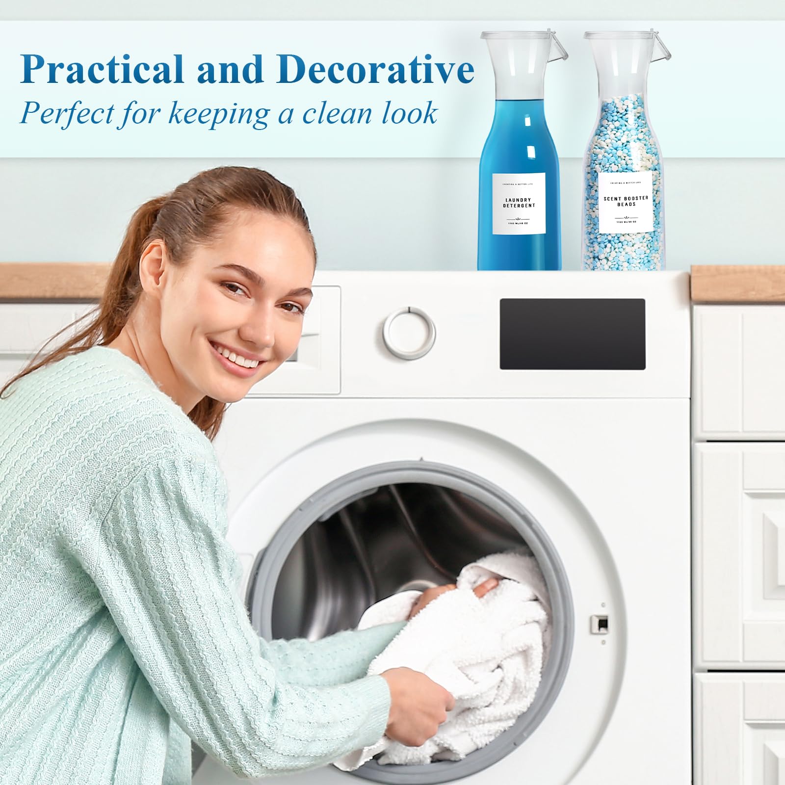 Botella dispensadora de detergente para ropa de 40 onzas con etiqueta impermeable para detergente de lavandería, jabón, suavizante de tela, cuentas potenciadoras de aroma, botella de PET