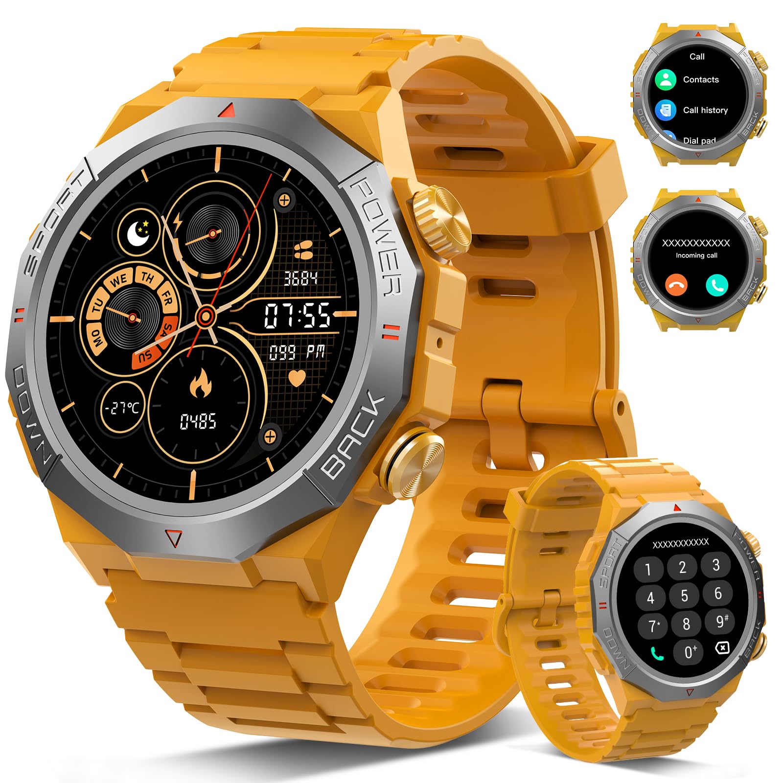 Atheewon Reloj Inteligente Hombre Mujer con Llamadas, 1.39" Militar Smartwatch con 110+ Modos Deportivos, Monitor de Ritmo Cardíaco y Sueño. Pulsera Actividad IP68 Impermeable, Amarillo Brillante