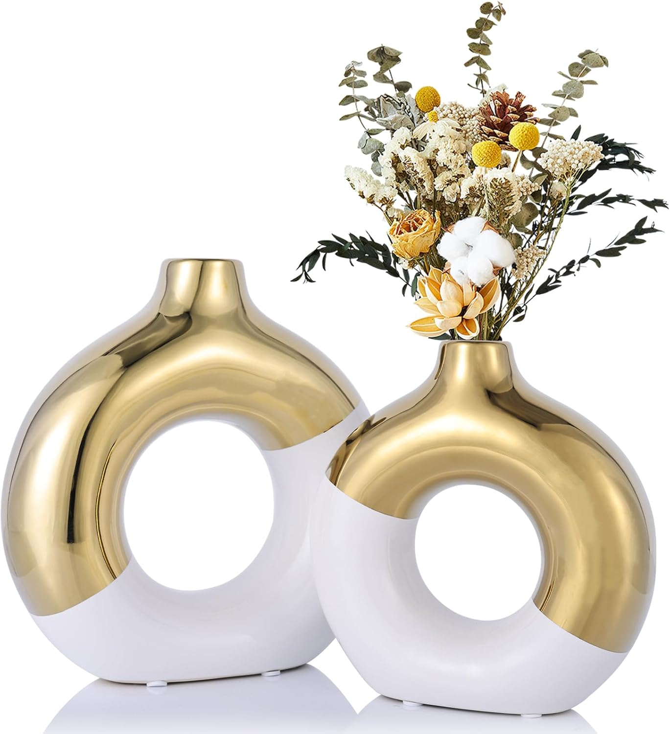 White and Gold Circle Vase with Hole, Ceramic Gold Vases Home Decor, Modern