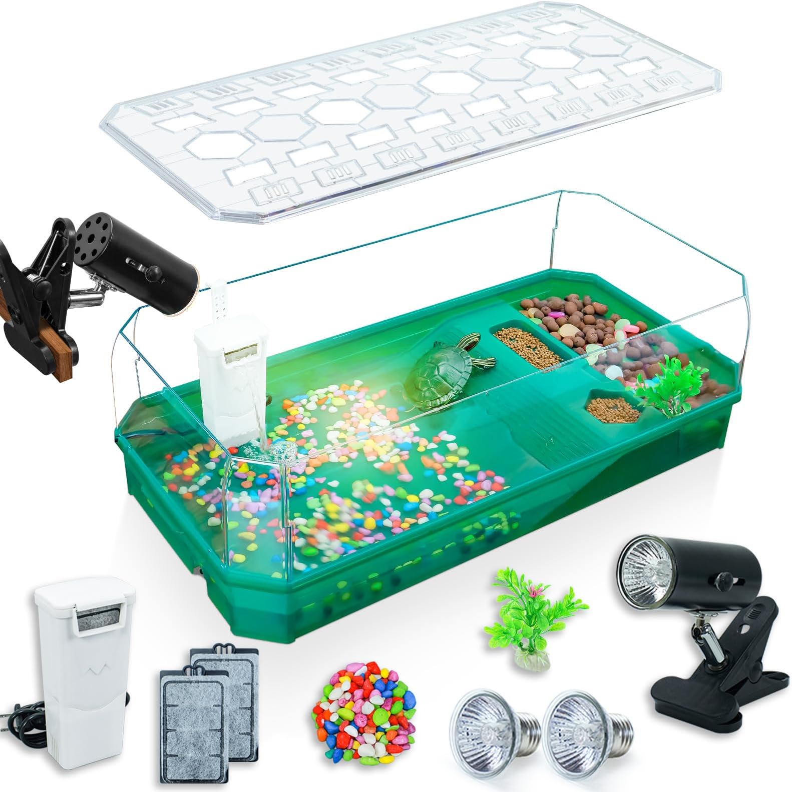Aquatic Turtle Tank Habitat Kit Stone+Filter+Heat Lamp Enhancing Interaction with 360° Viewing, Standalone Filtration, DIY Creative Zone, Enriched Living (Green, X-Large[with Light])