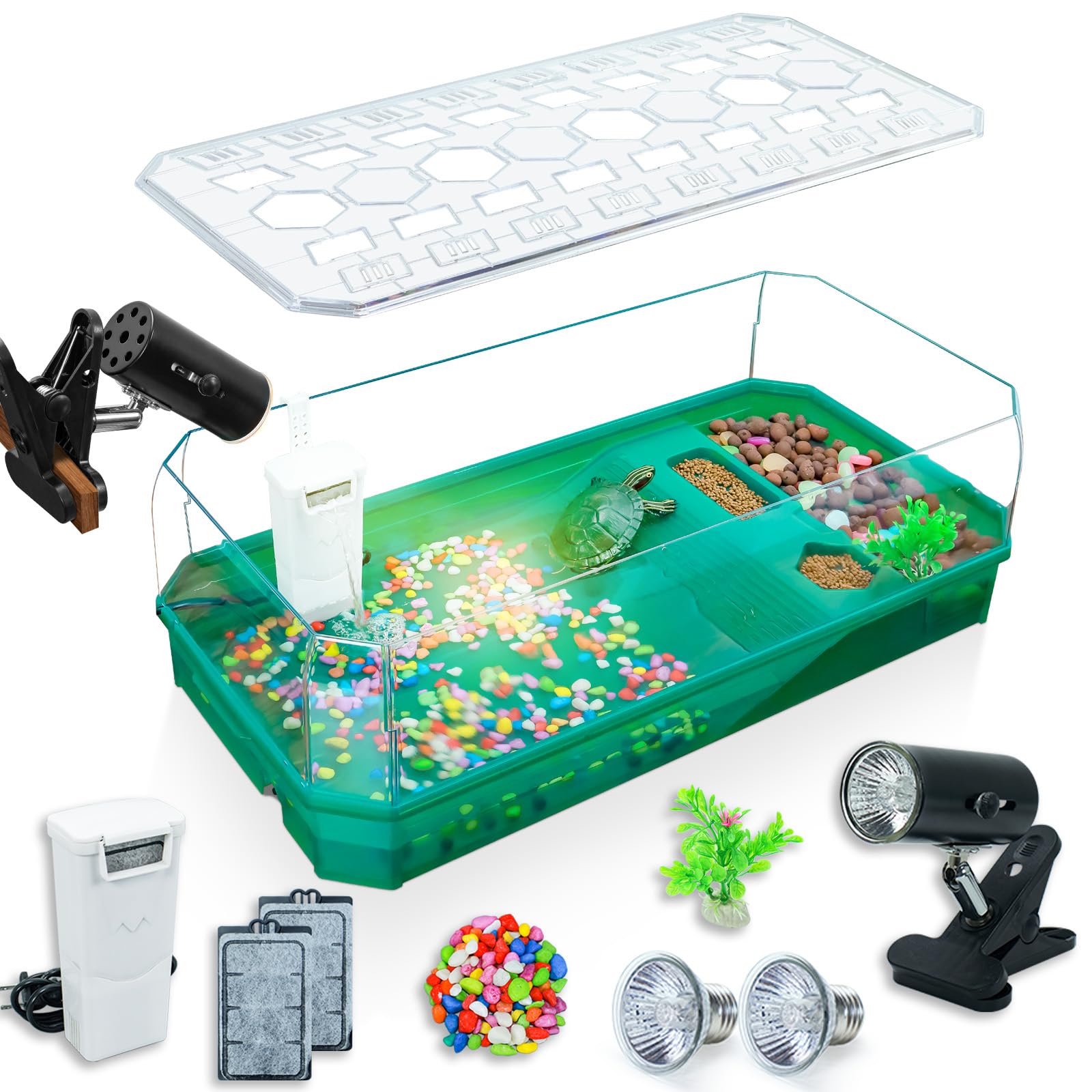 Binano Aquatic Turtle Tank Habitat Kit Stone+Filter+Heat Lamp Enhancing Interaction with 360° Viewing, Standalone Filtration, DIY Creative Zone, Enriched Living (Green, X-Large[with Light])