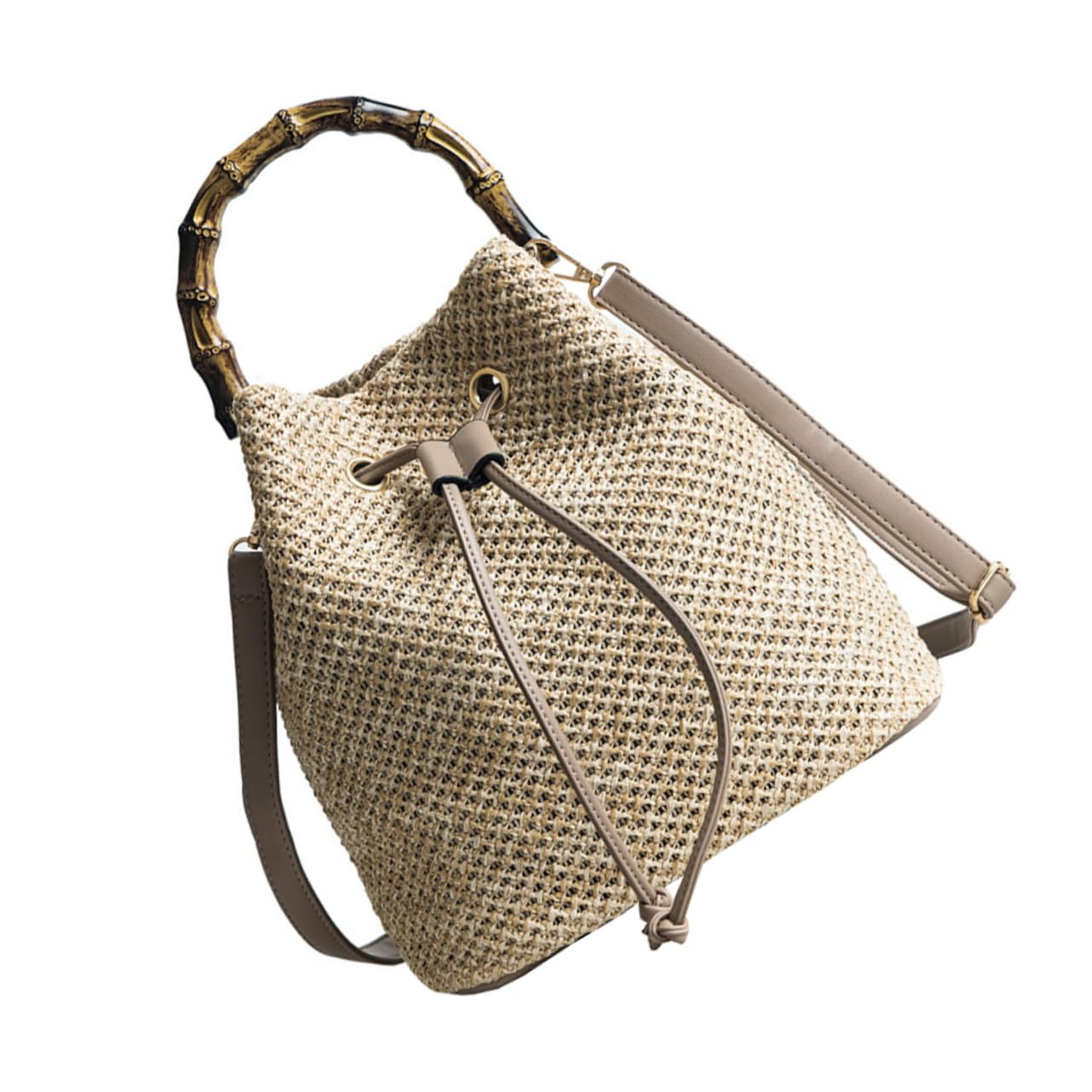 Garneck 1pezzi Borsa Tracolla in Paglia Borsa Secchiello Coulisse Tracolla Forma Di Secchiello Intrecciata Capiente e Pratica Per Viaggi e Uso Quotidiano